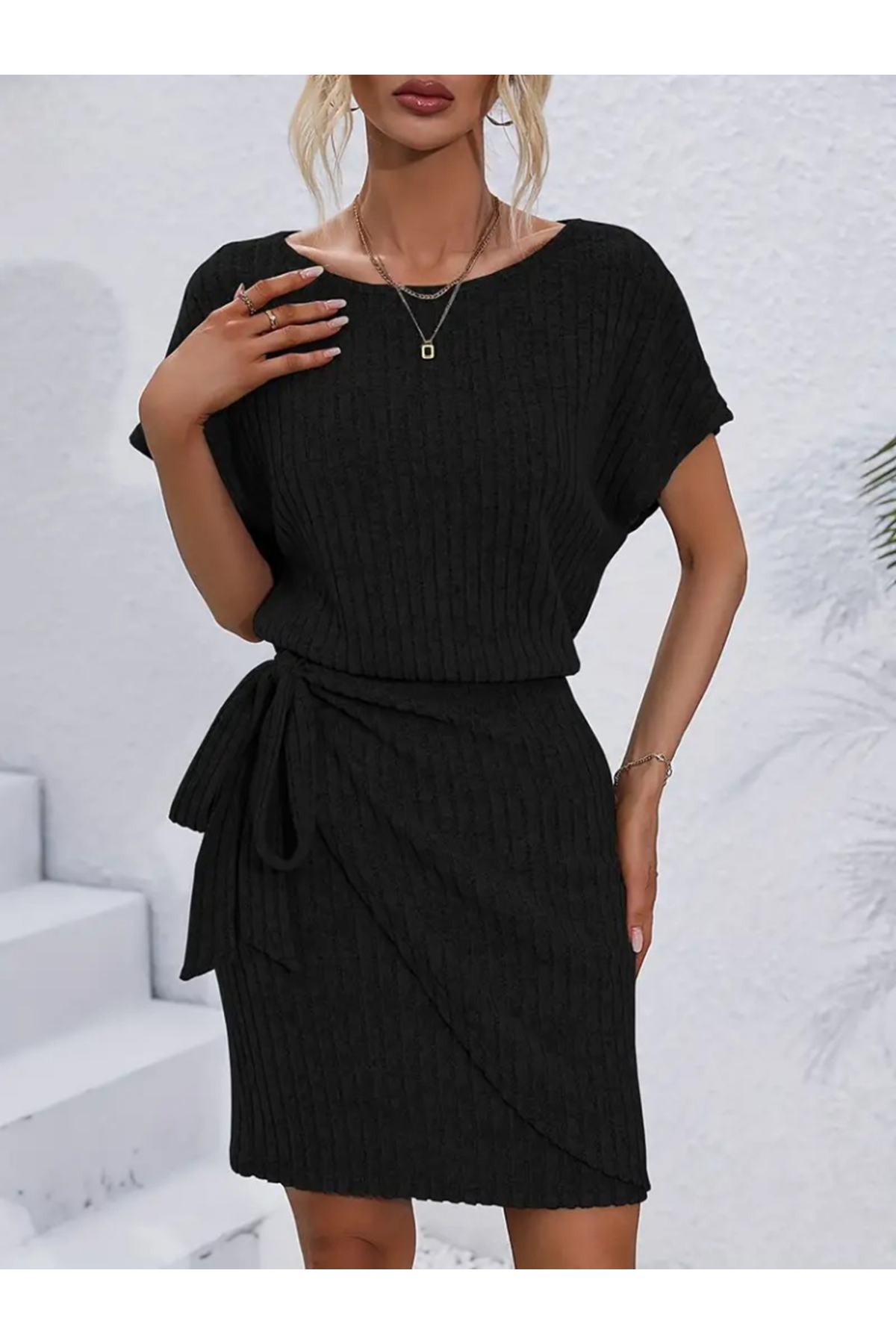Kadın Kısa Kollu Yakası Açık Belden Lastikli Yandan Bağlamalı Kalın Fitilli Kaşkorse Elbise