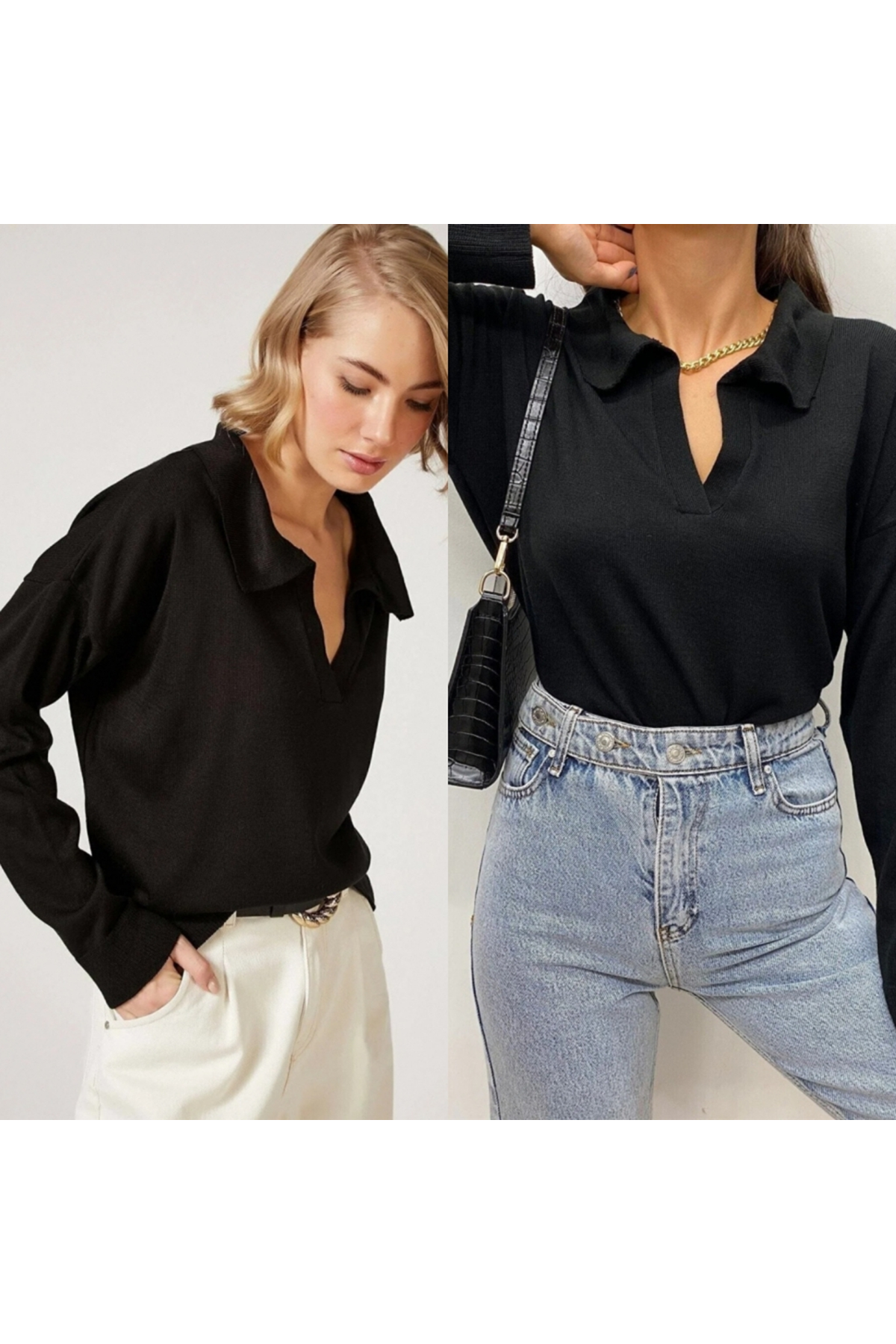 Kadın Beyaz Uzun Kollu Yakalı Triko Bluz