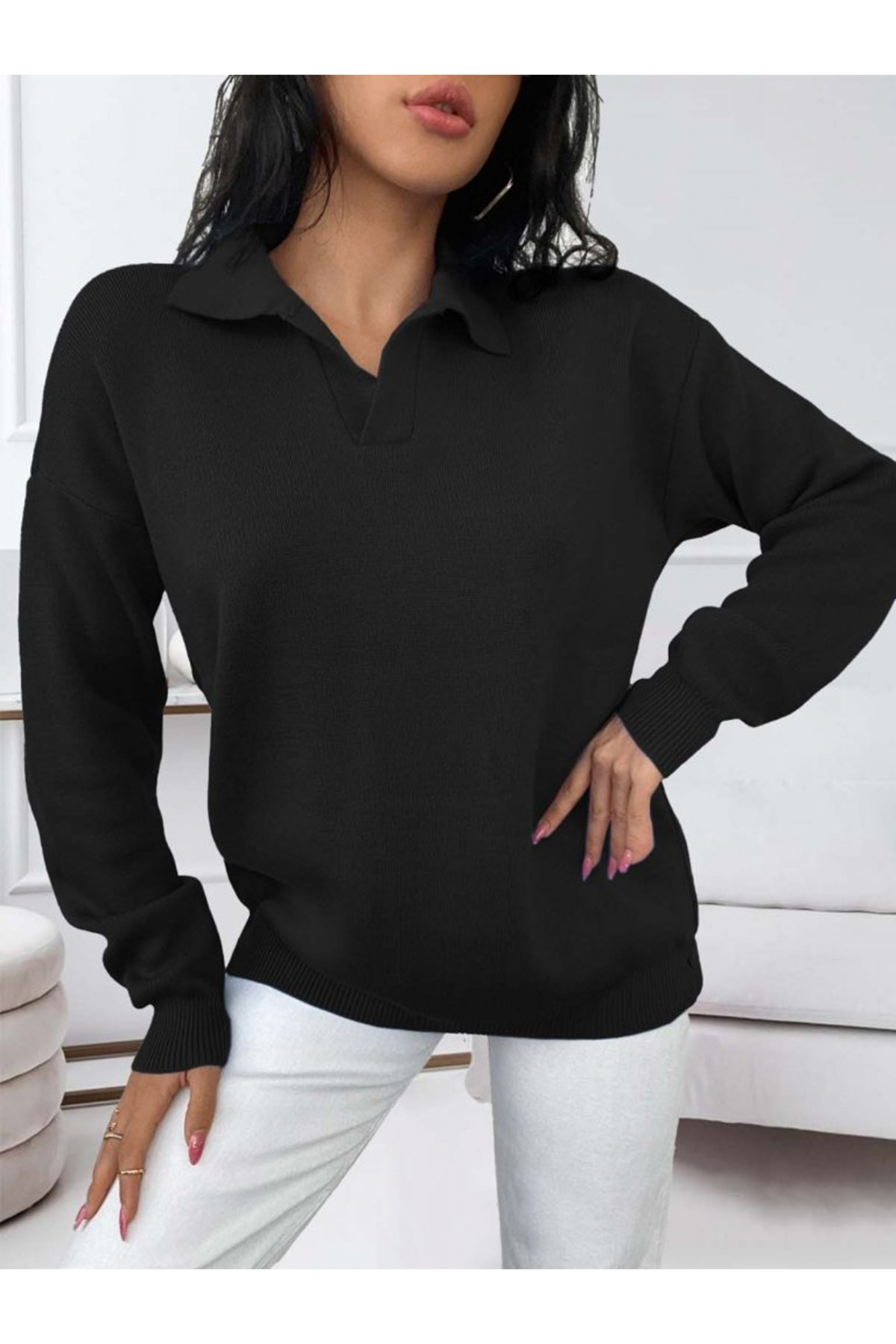 Kadın Beyaz Uzun Kollu Yakalı Triko Bluz