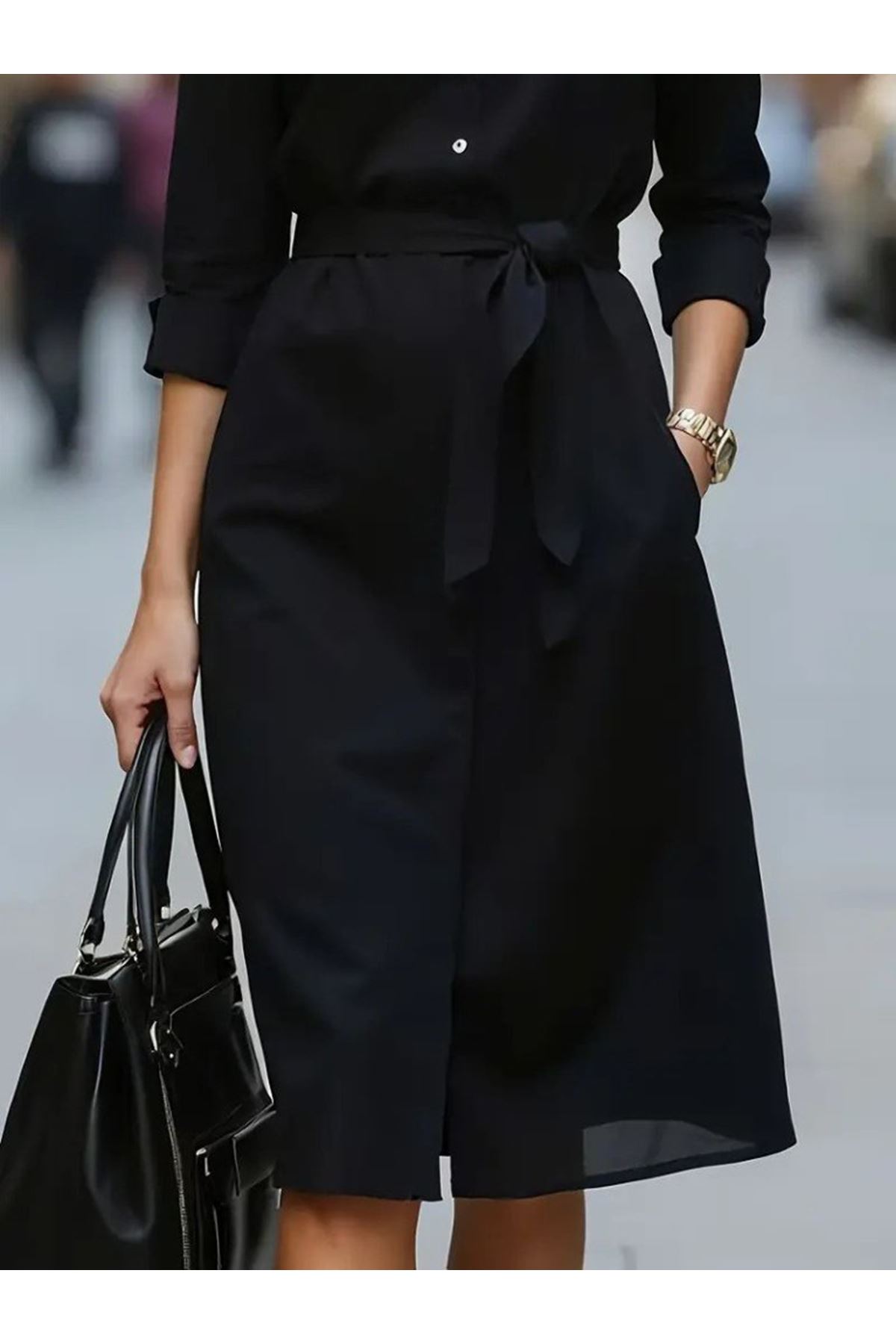 Kadın Uzun Kollu Yakalı Belden Kuşaklı Midi Trikoton Elbise