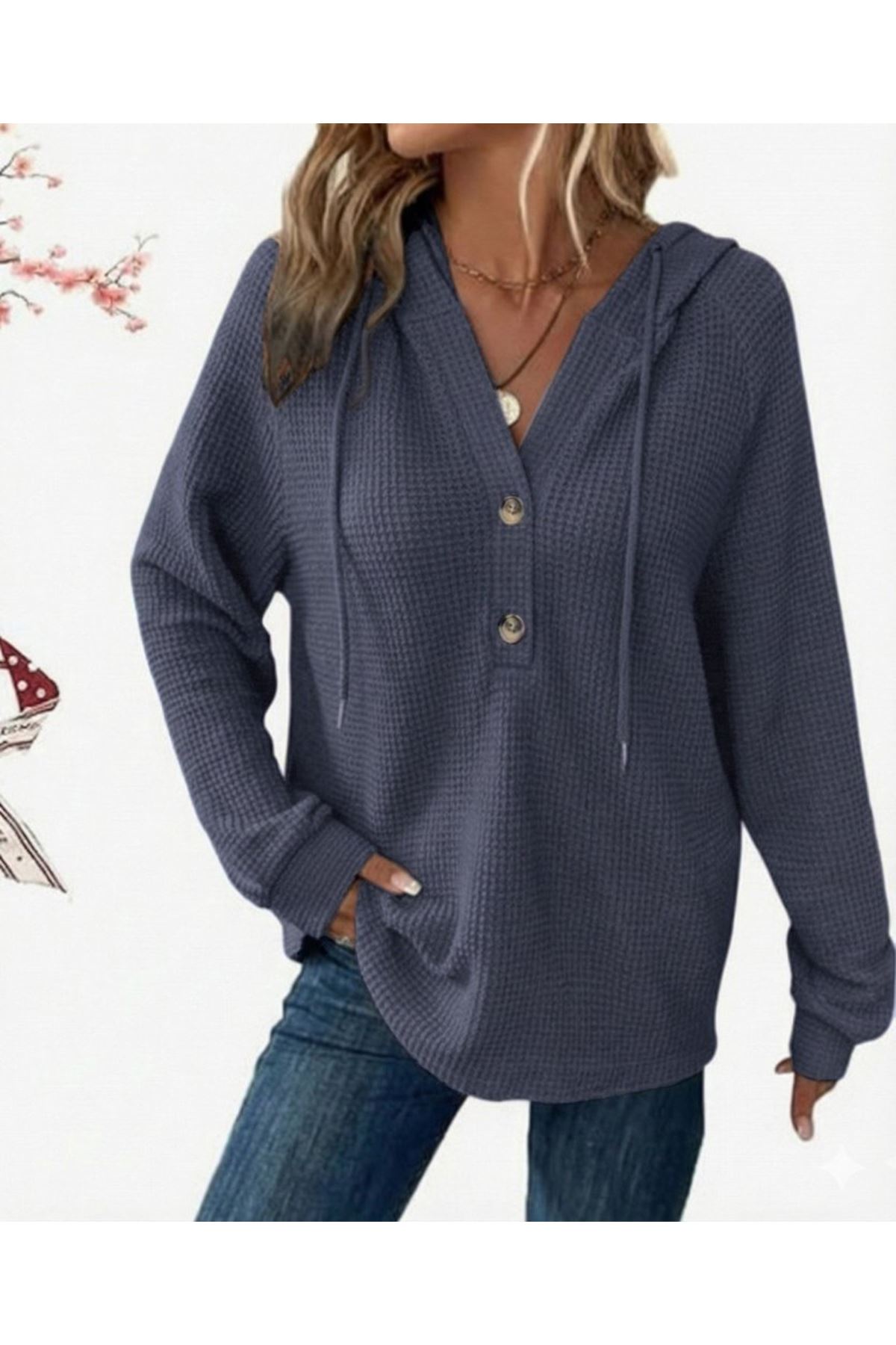 Kadın Uzun Kollu Kapşonlu önü Düğmeli Ve Bağcıklı Waffle Bluz