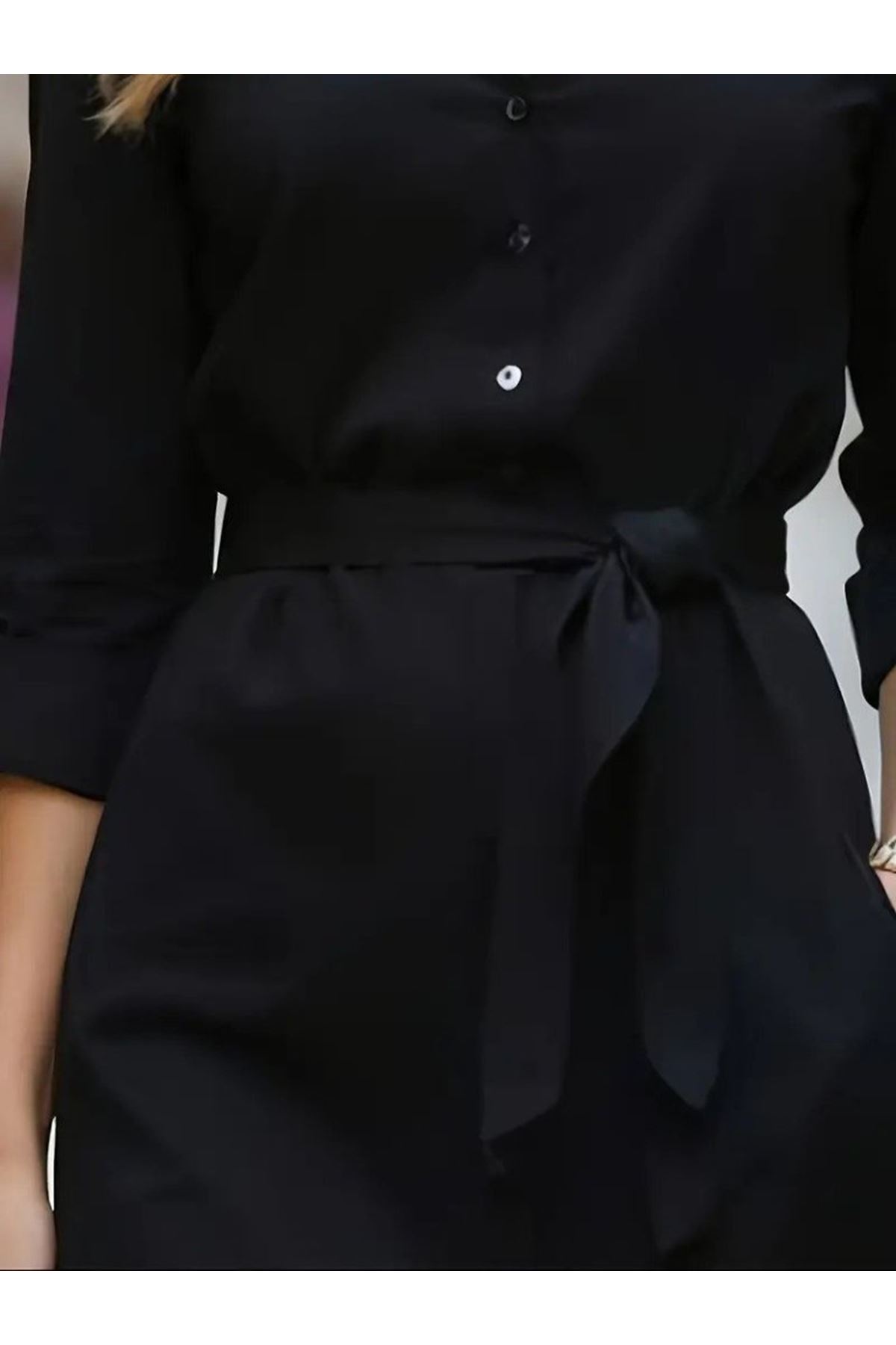 Kadın Uzun Kollu Yakalı Belden Kuşaklı Midi Trikoton Elbise