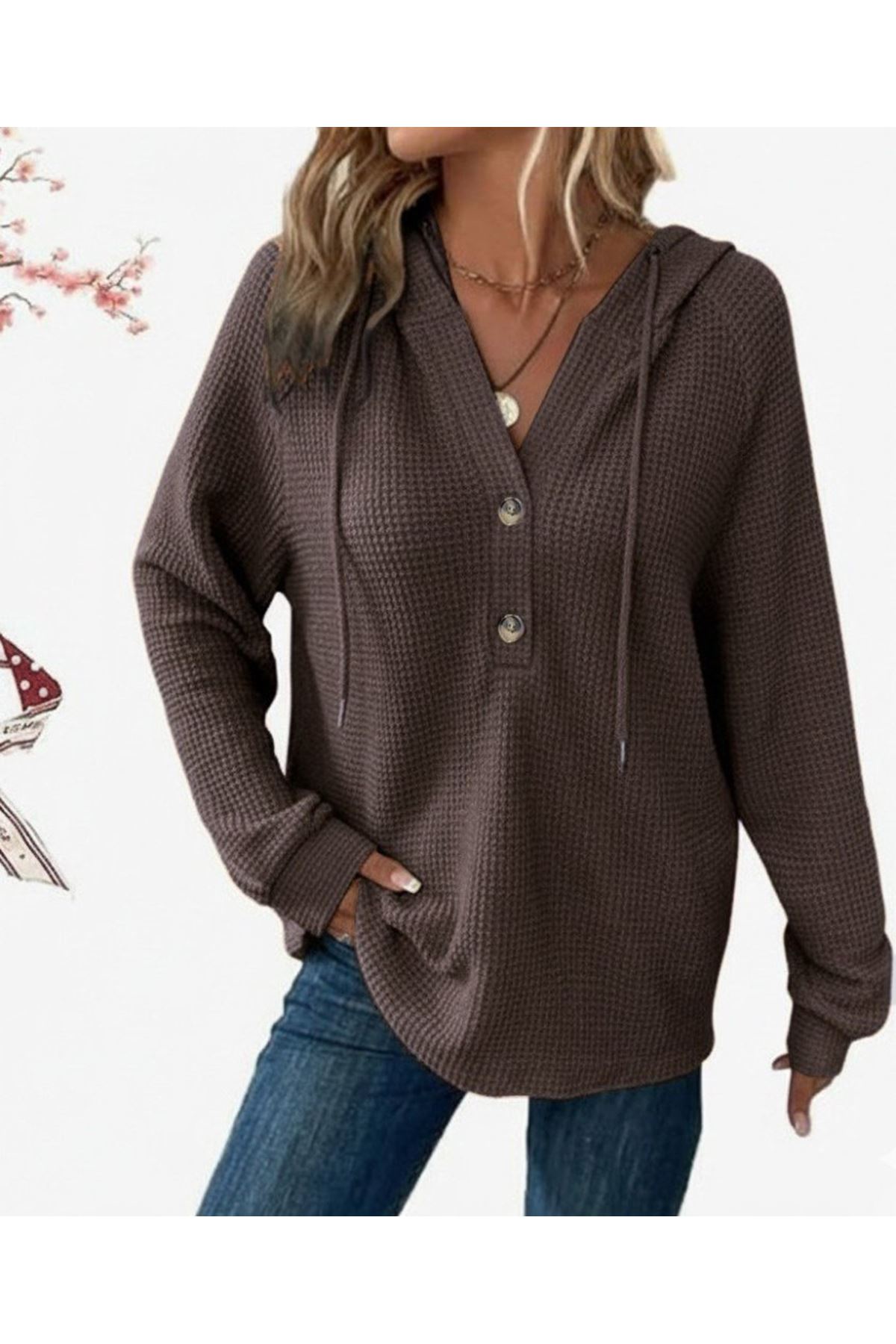 Kadın Uzun Kollu Kapşonlu önü Düğmeli Ve Bağcıklı Waffle Bluz