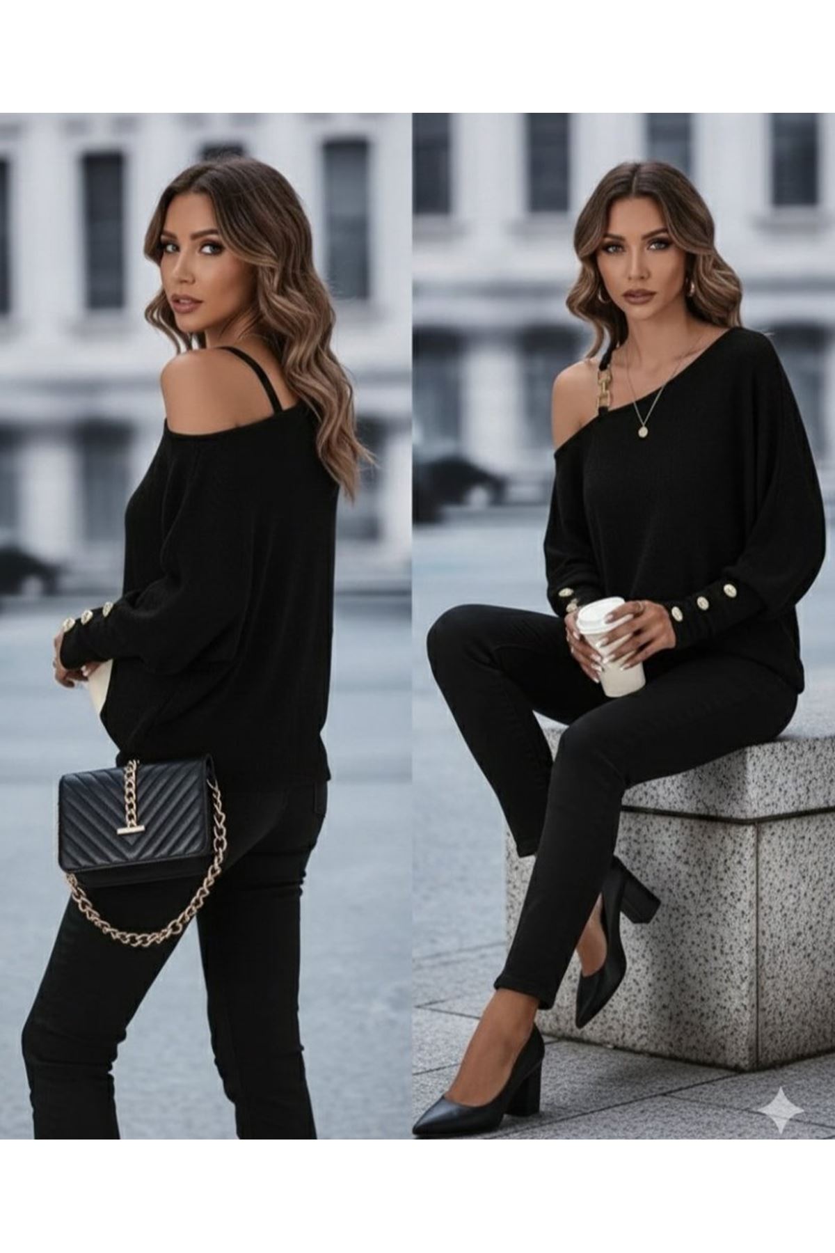 Kadın Uzun Kollu Tek Omuzdan Açık Askı Detaylı Waffle Bluz