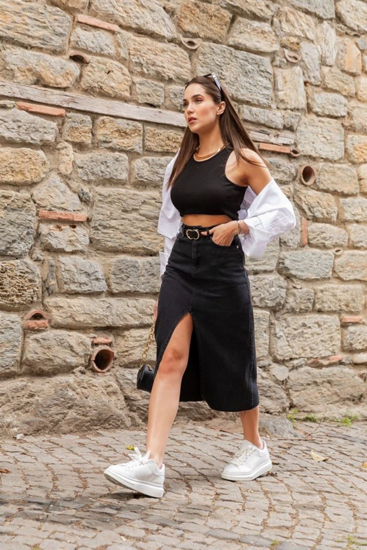 Kadın Yüksek Bel önden Yırtmaçlı Cepli Midi Kot Etek