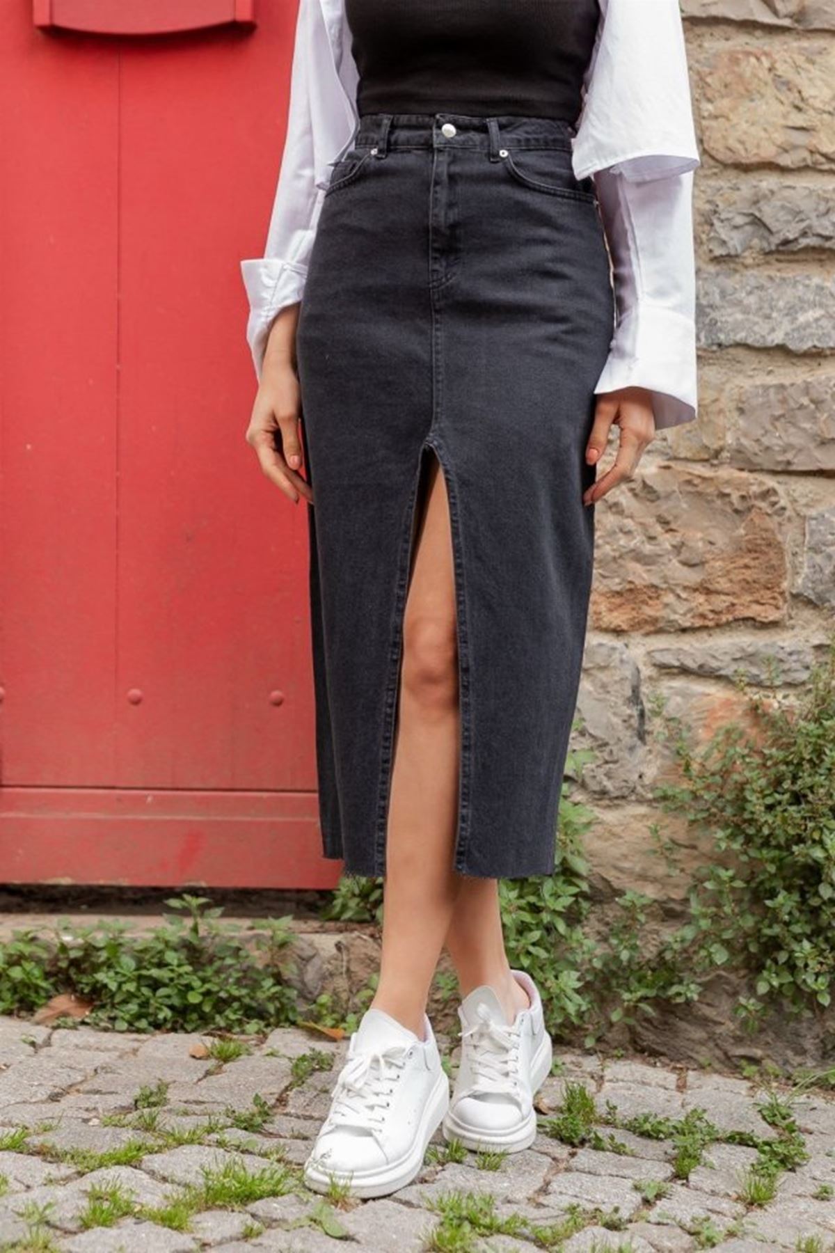 Kadın Yüksek Bel önden Yırtmaçlı Cepli Midi Kot Etek