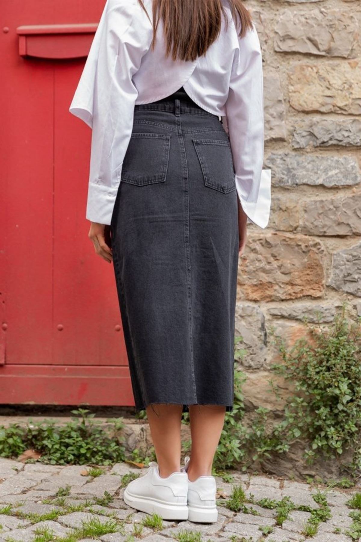 Kadın Yüksek Bel önden Yırtmaçlı Cepli Midi Kot Etek