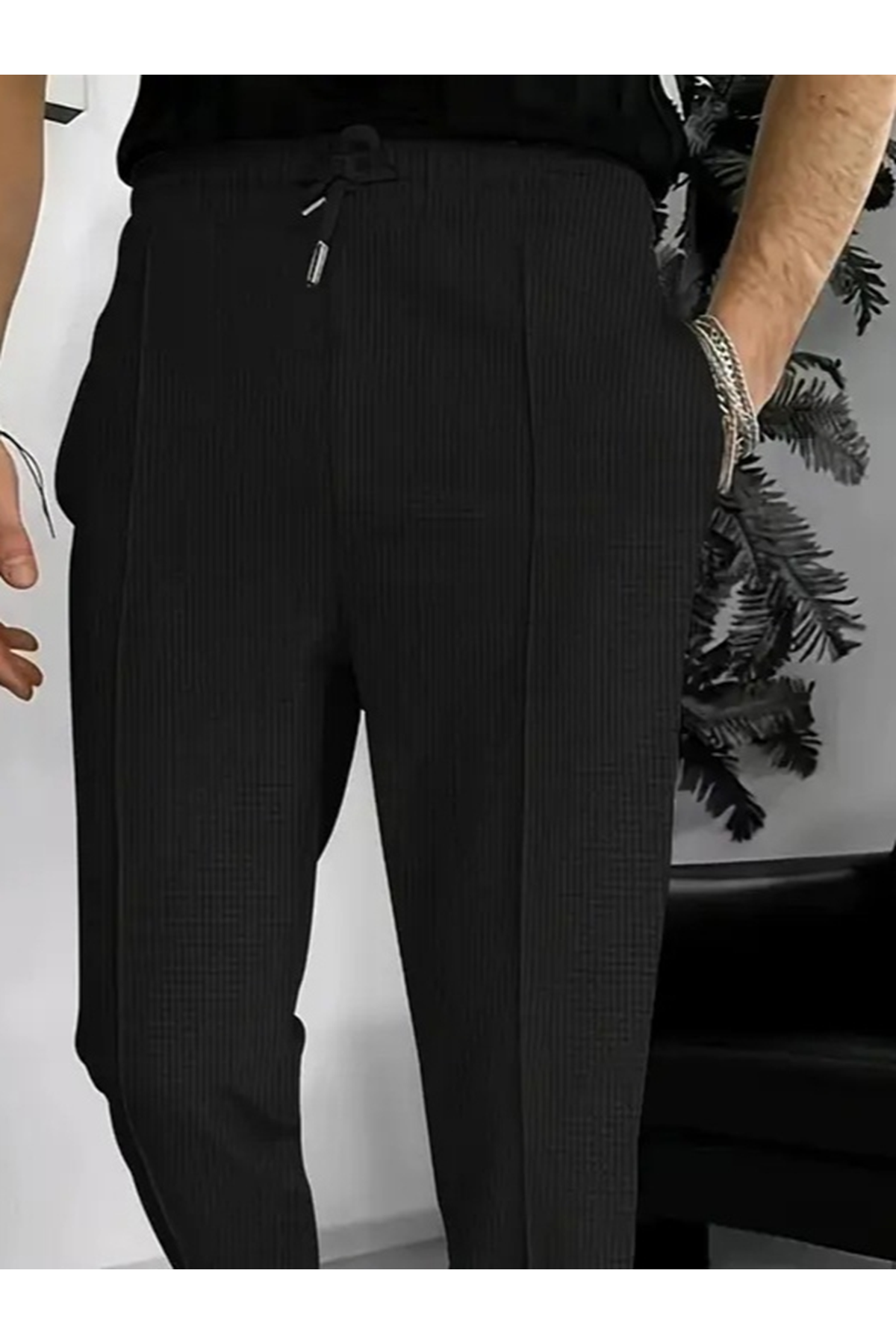 Erkek Yüksek Bel önden Bağcıklı Cepli Waffle Pantolon