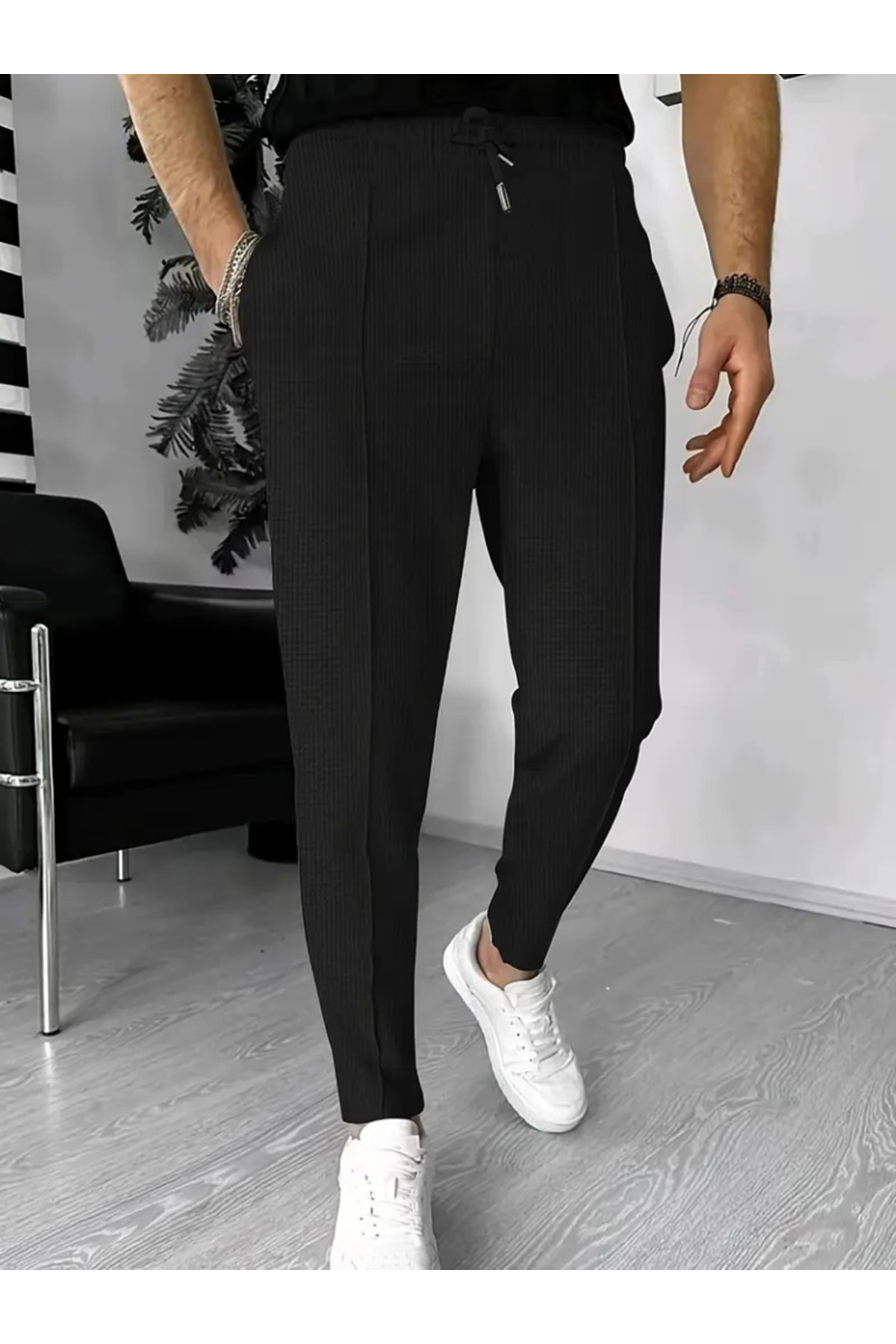 Erkek Yüksek Bel önden Bağcıklı Cepli Waffle Pantolon