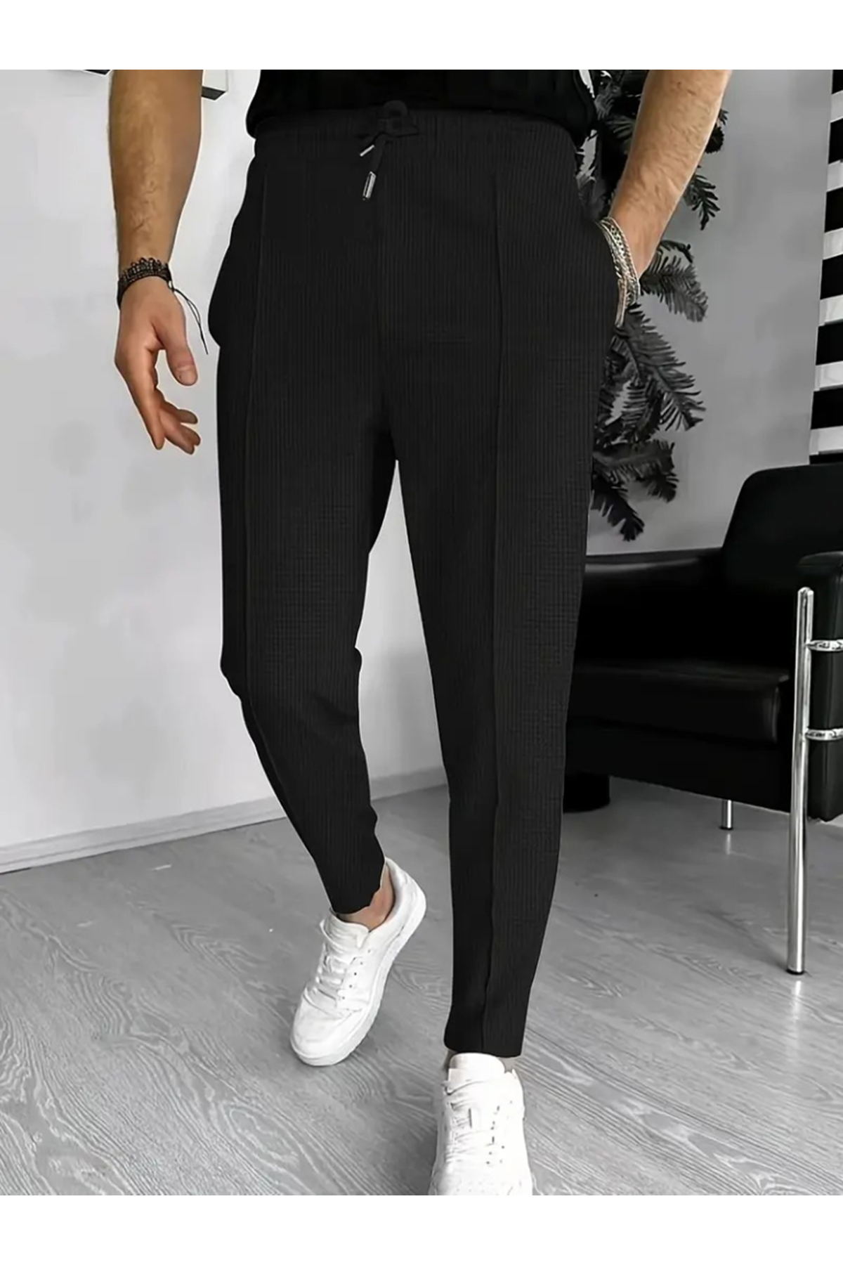 Erkek Yüksek Bel önden Bağcıklı Cepli Waffle Pantolon