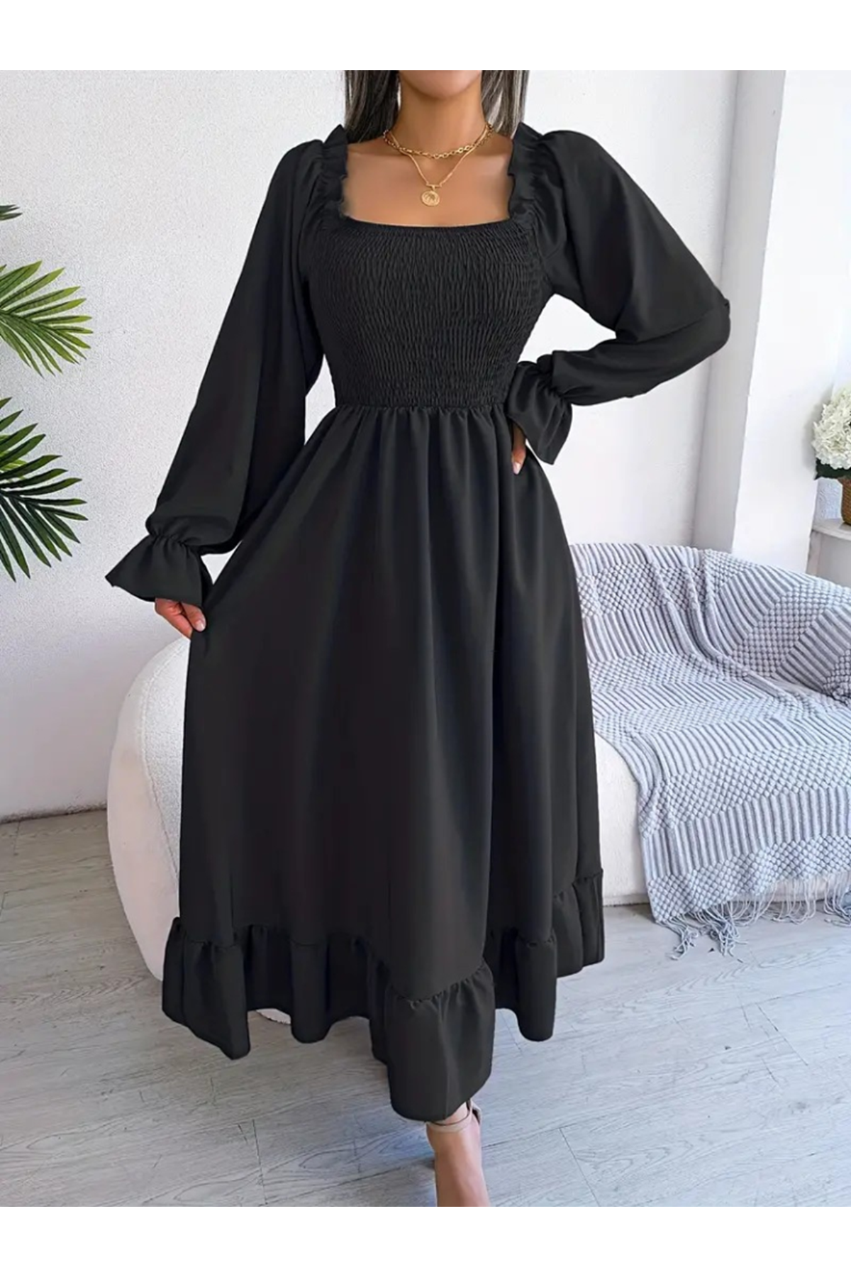 Kadın Uzun Kollu Kare Yakalı Gipeli Uzun Trikoton Elbise