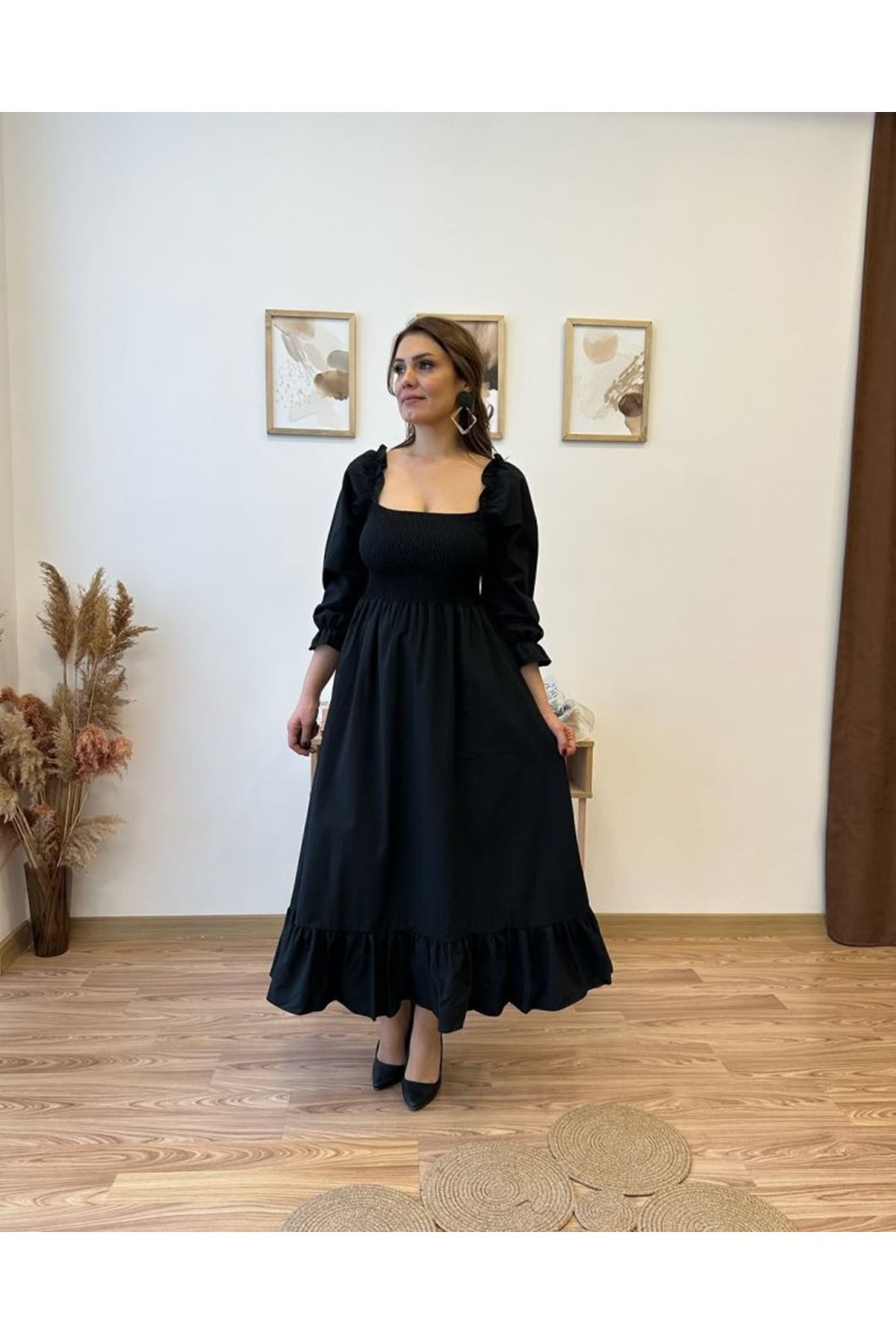 Kadın Uzun Kollu Kare Yakalı Gipeli Uzun Trikoton Elbise