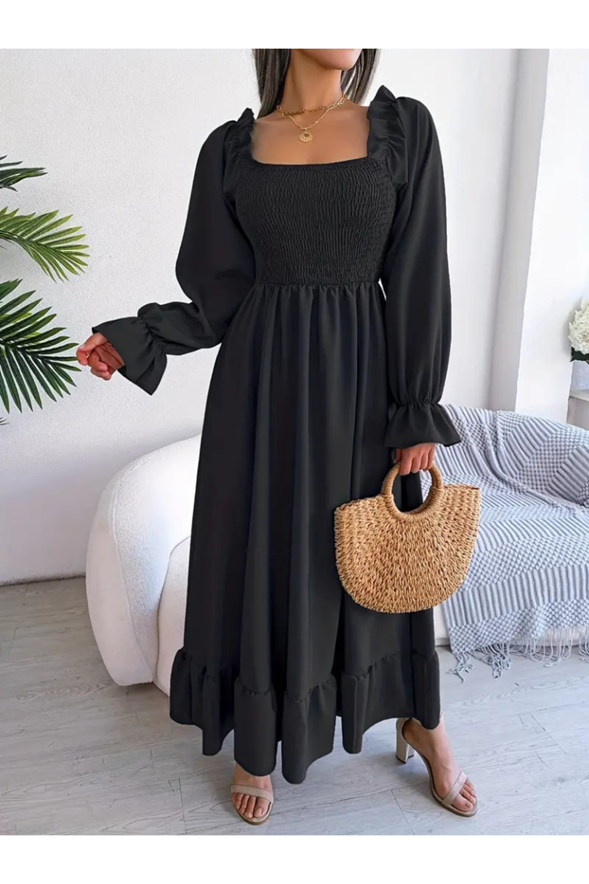 Kadın Uzun Kollu Kare Yakalı Gipeli Uzun Trikoton Elbise