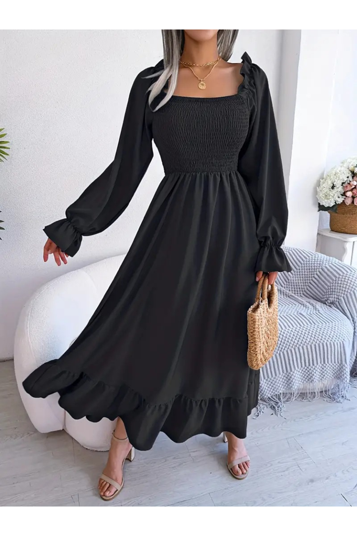 Kadın Uzun Kollu Kare Yakalı Gipeli Uzun Trikoton Elbise