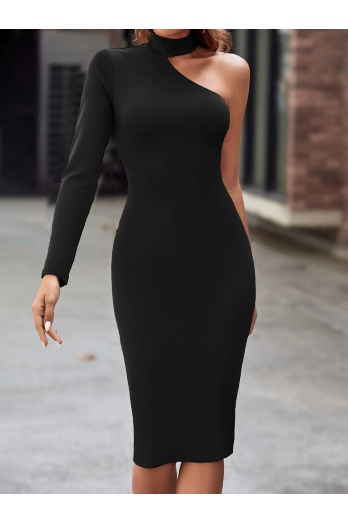 Kadın Tek Omuzdan Açık Uzun Kollu Balıkçı Yaka Midi Ithal Krep Elbise