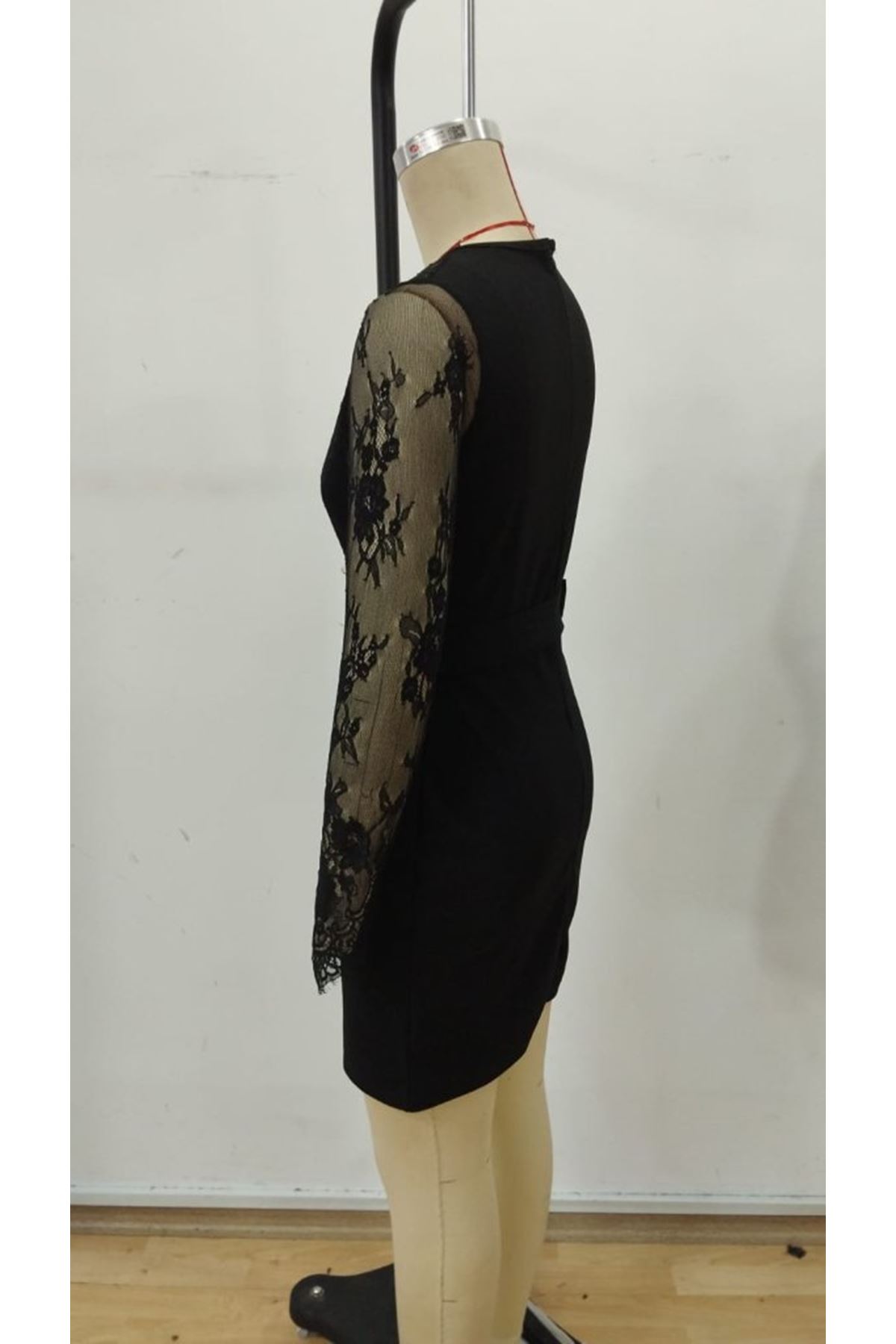 Kadın Uzun Kollu Kruvaze Yakalı önden Düğmeli Kısa Ithal Krep Elbise