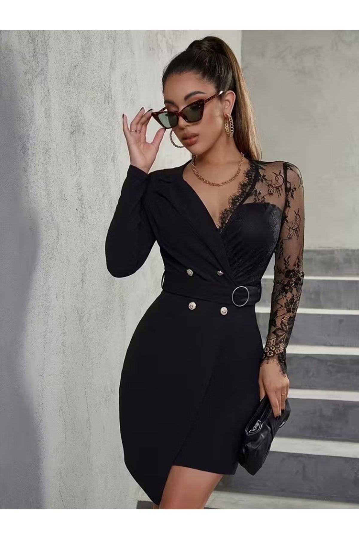Kadın Uzun Kollu Kruvaze Yakalı önden Düğmeli Kısa Ithal Krep Elbise