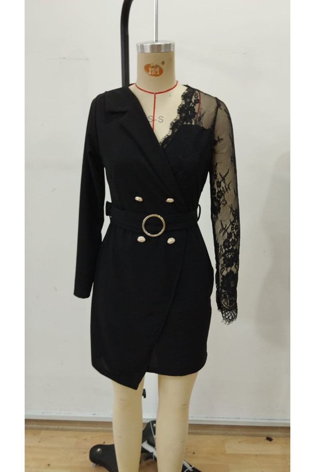 Kadın Uzun Kollu Kruvaze Yakalı önden Düğmeli Kısa Ithal Krep Elbise