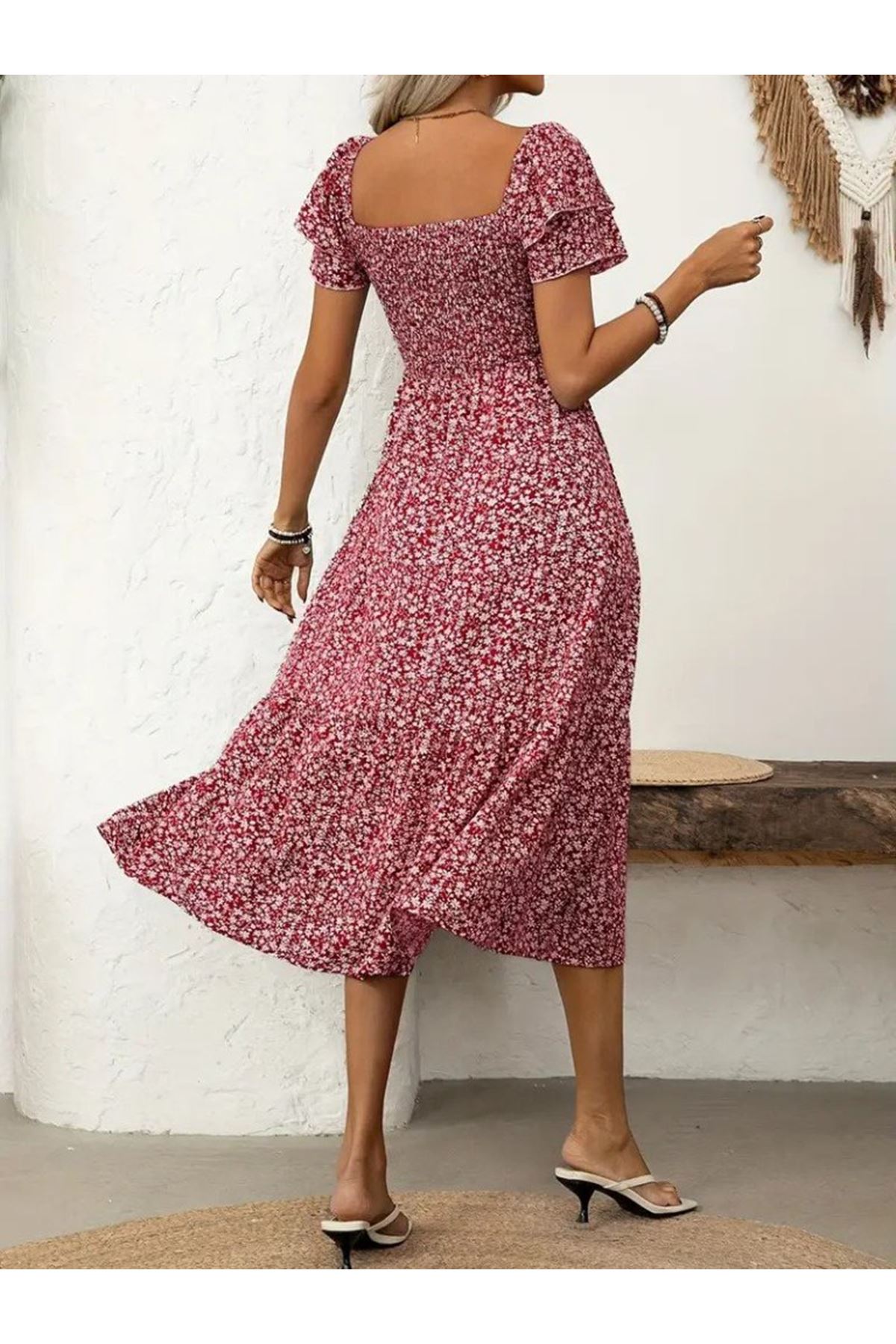 Kadın Kısa Kollu Gipe Detaylı Desenli Midi Süprem Elbise