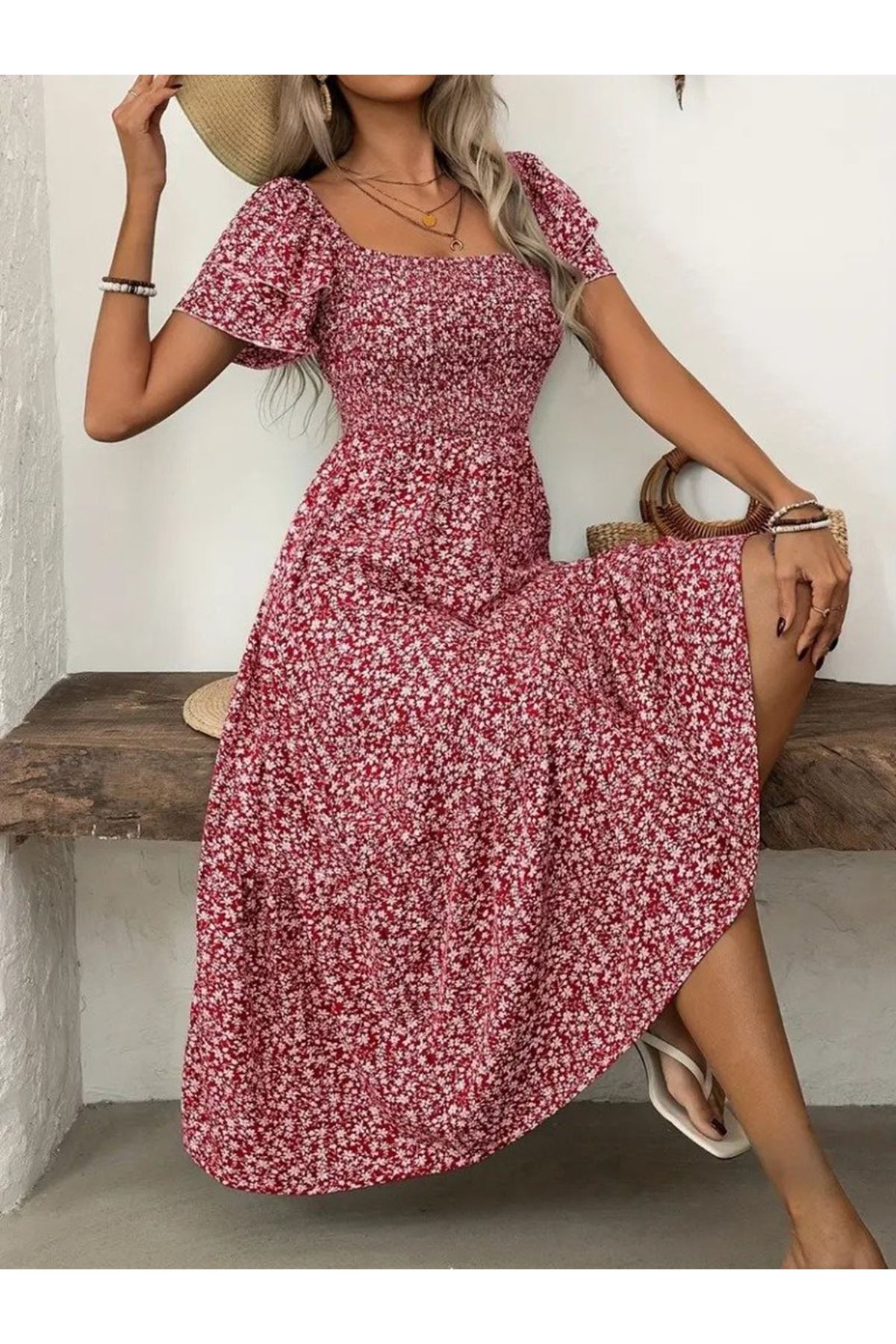 Kadın Kısa Kollu Gipe Detaylı Desenli Midi Süprem Elbise