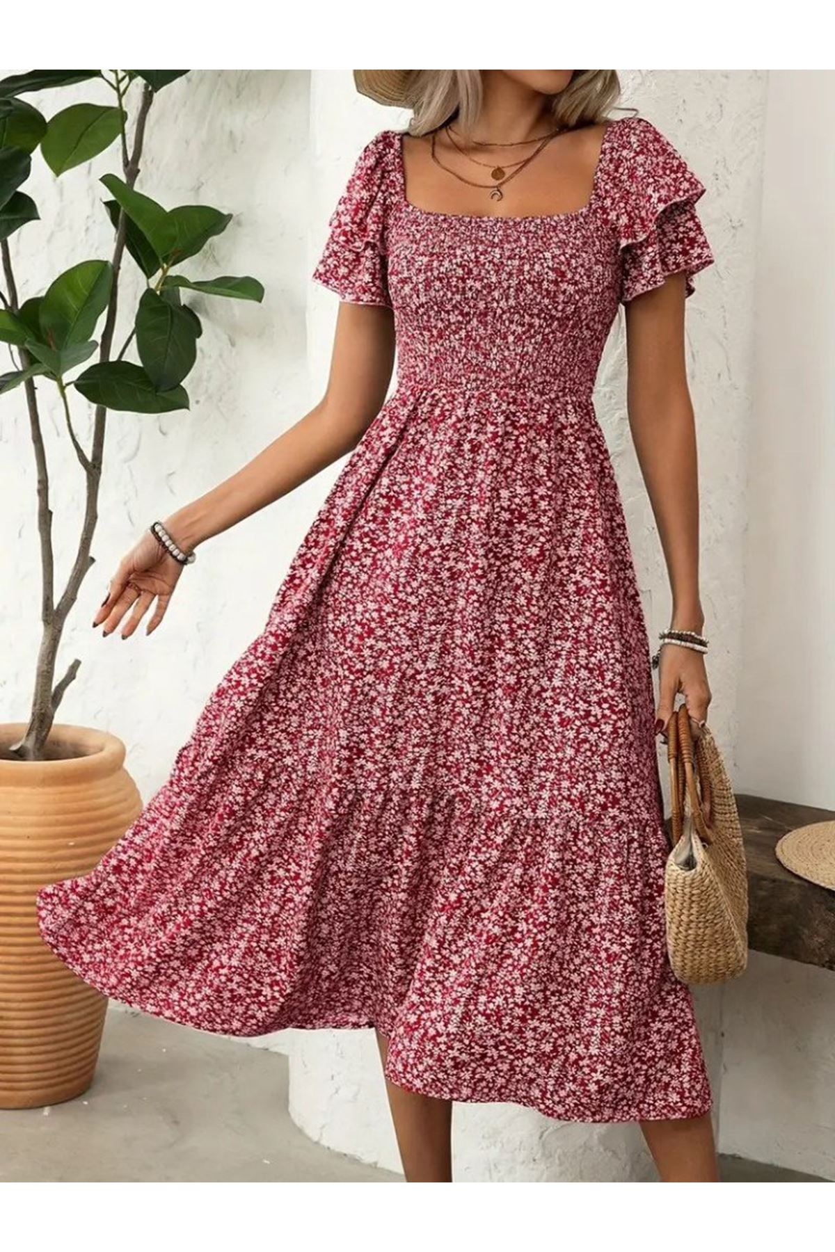 Kadın Kısa Kollu Gipe Detaylı Desenli Midi Süprem Elbise