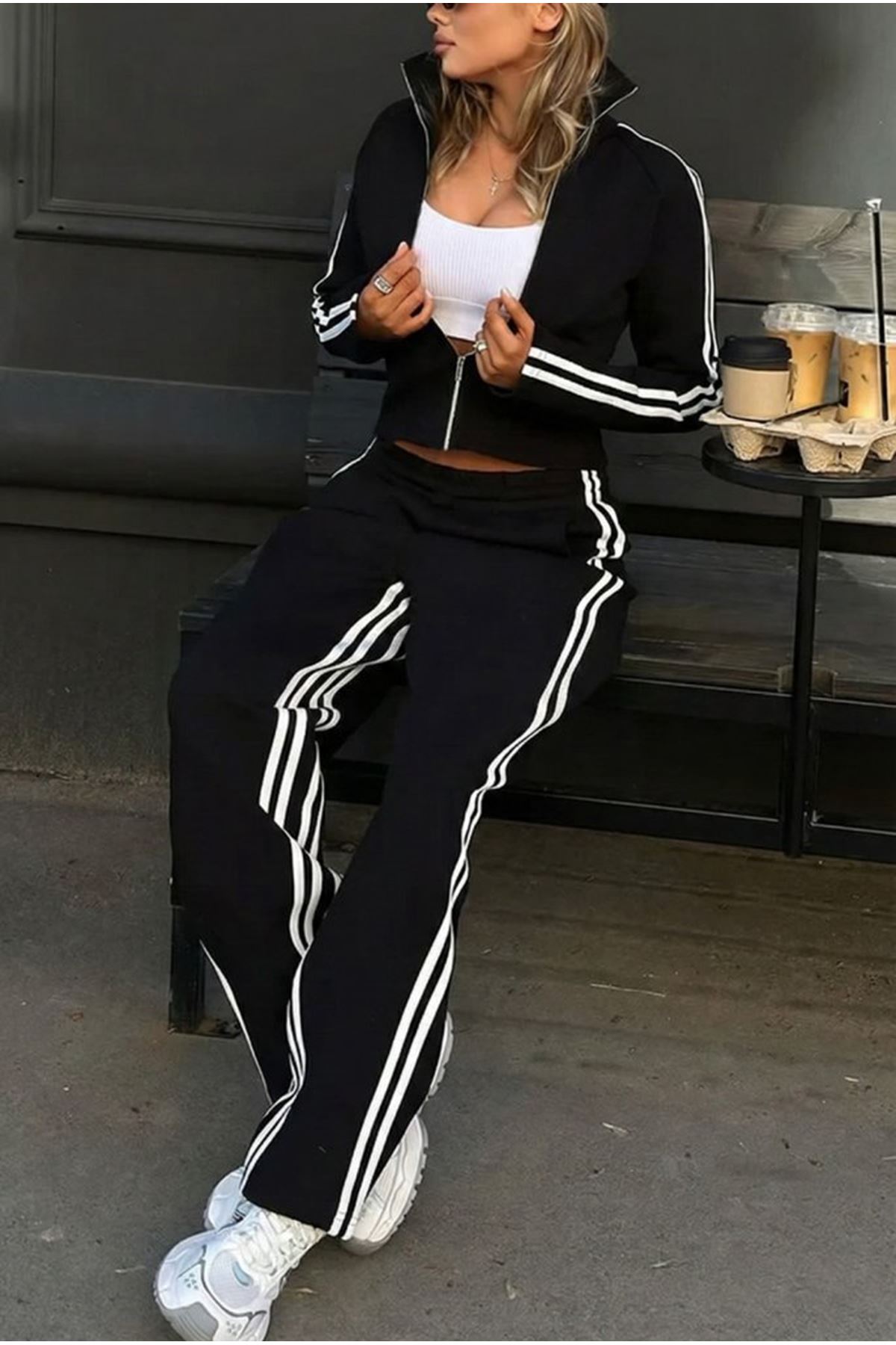 Kadın Uzun Kollu önden Fermuarlı Kısa Viskon Iki Iplik Bluz Ve Pantolon Ikili Takım