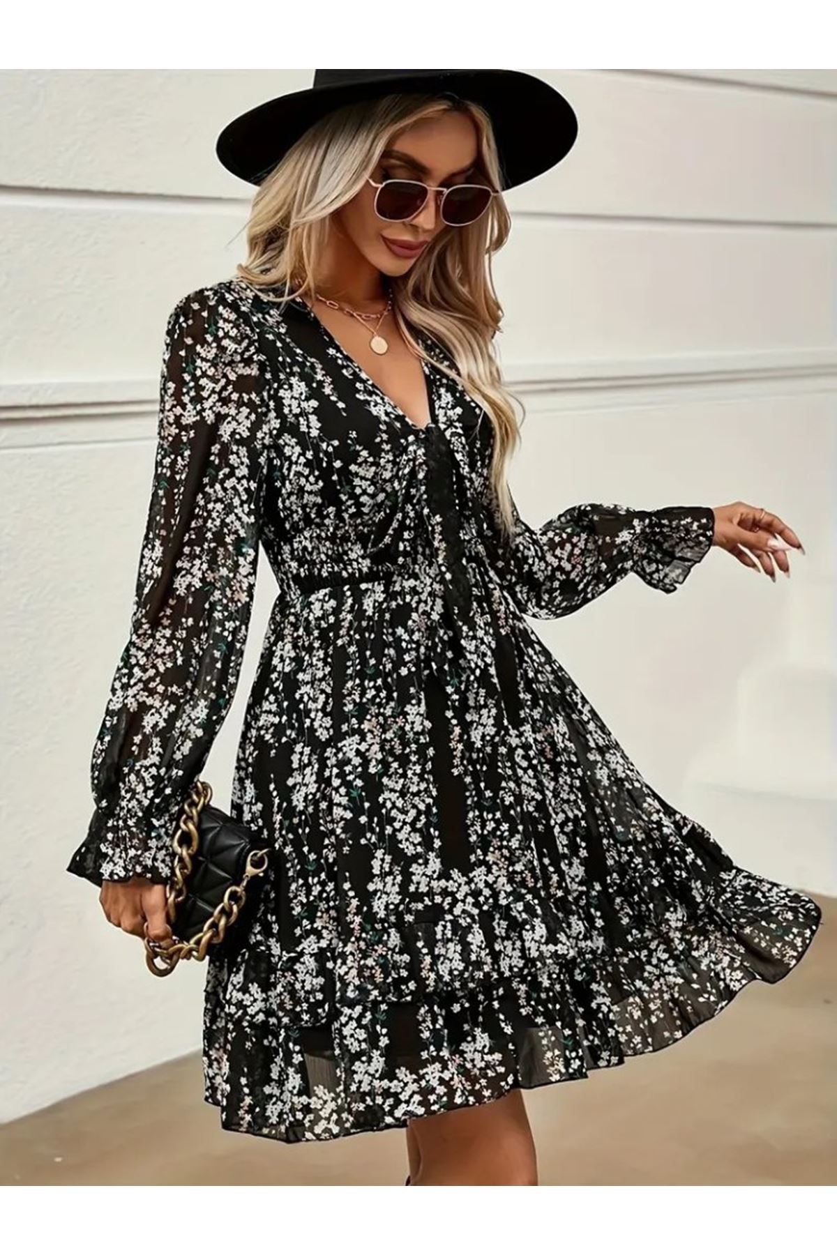 Kadın Uzun Kollu V Yakalı Fırfırlı Ve Bağcıklı şifon Mini Elbise