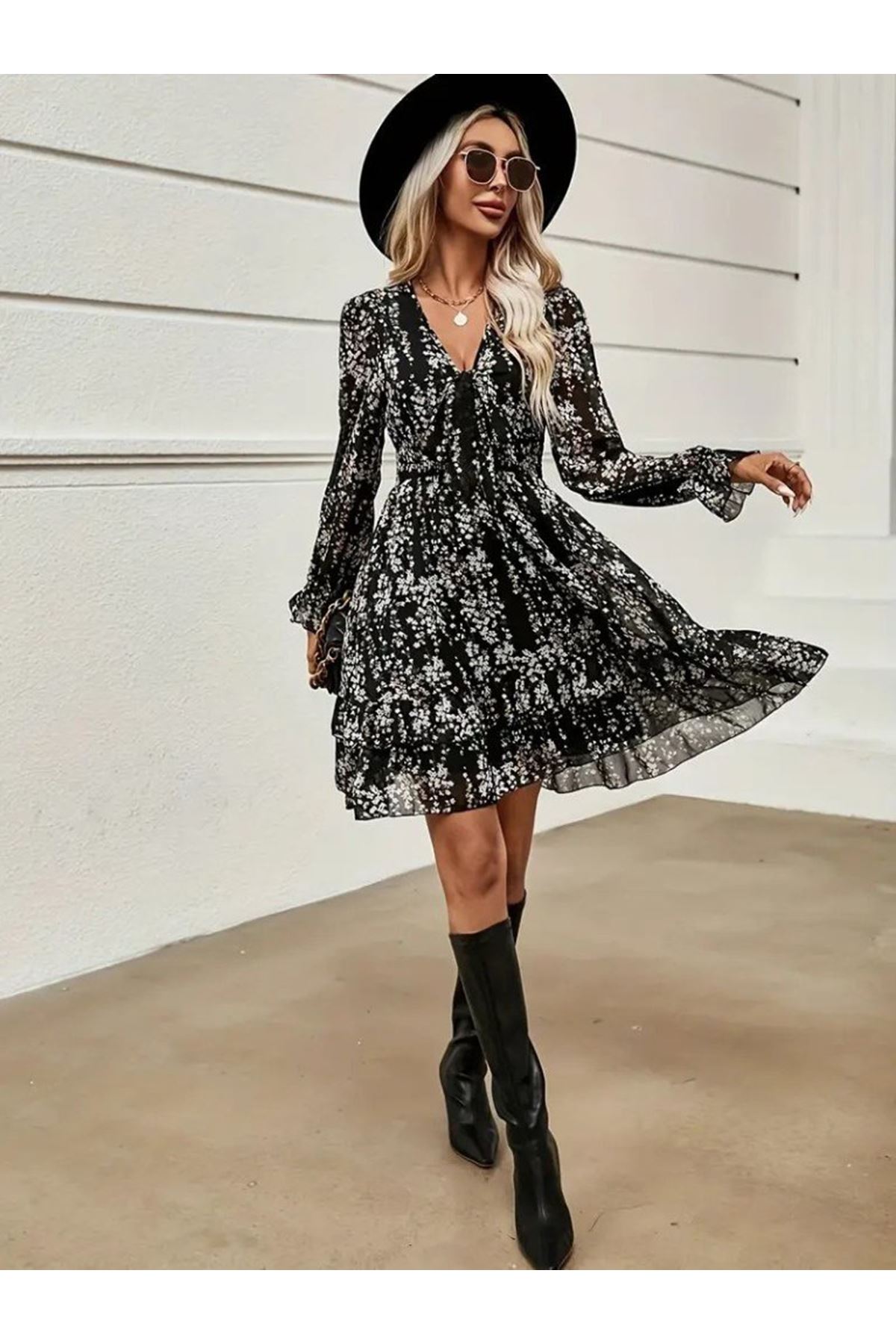 Kadın Uzun Kollu V Yakalı Fırfırlı Ve Bağcıklı şifon Mini Elbise