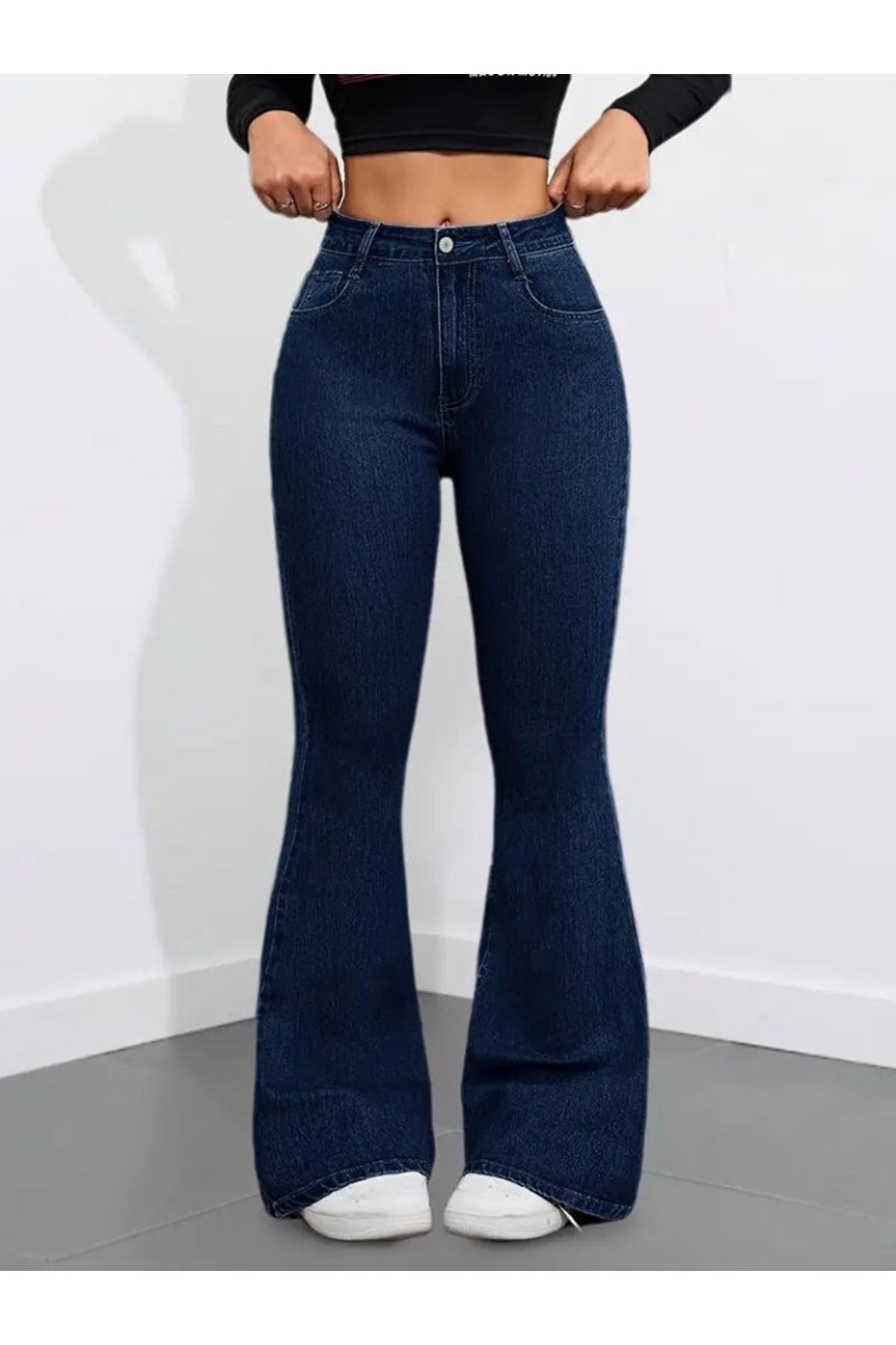 Kadın Yüksek Bel Cepli İspanyol Paçalı Kot Pantolon