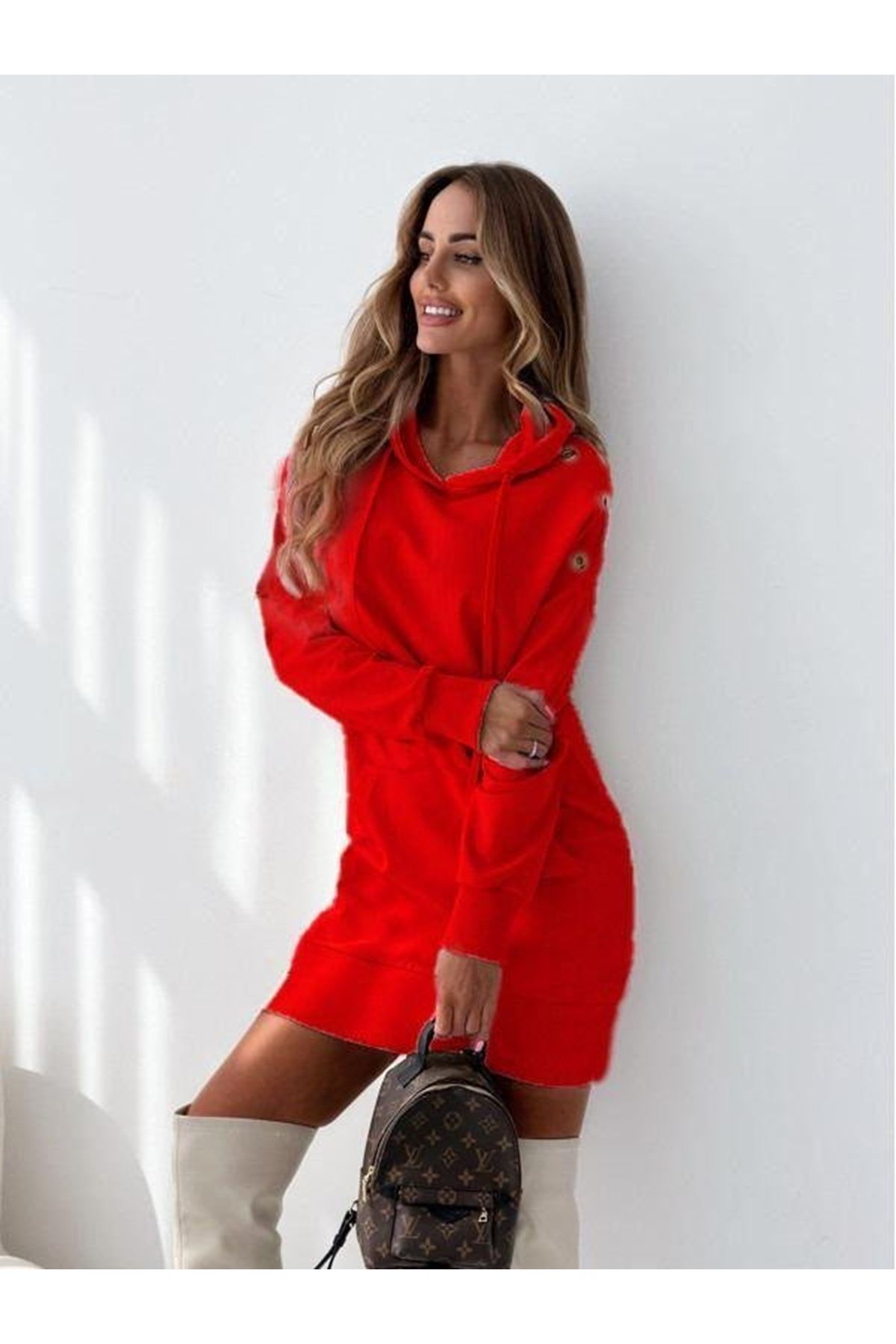 Kadın Uzun Kollu Kapüşon Detay Mini Elbise