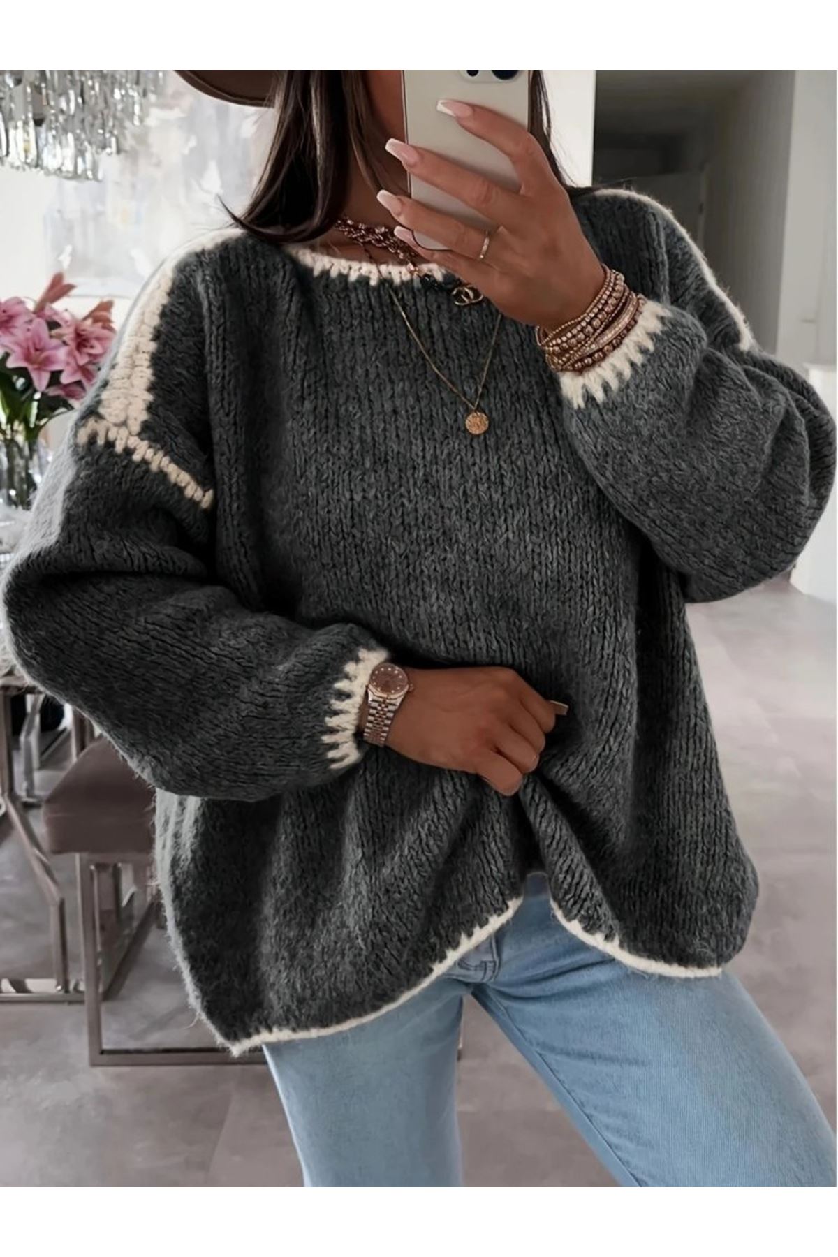 Kadın Uzun Kollu Kayık Yaka Triko Bluz