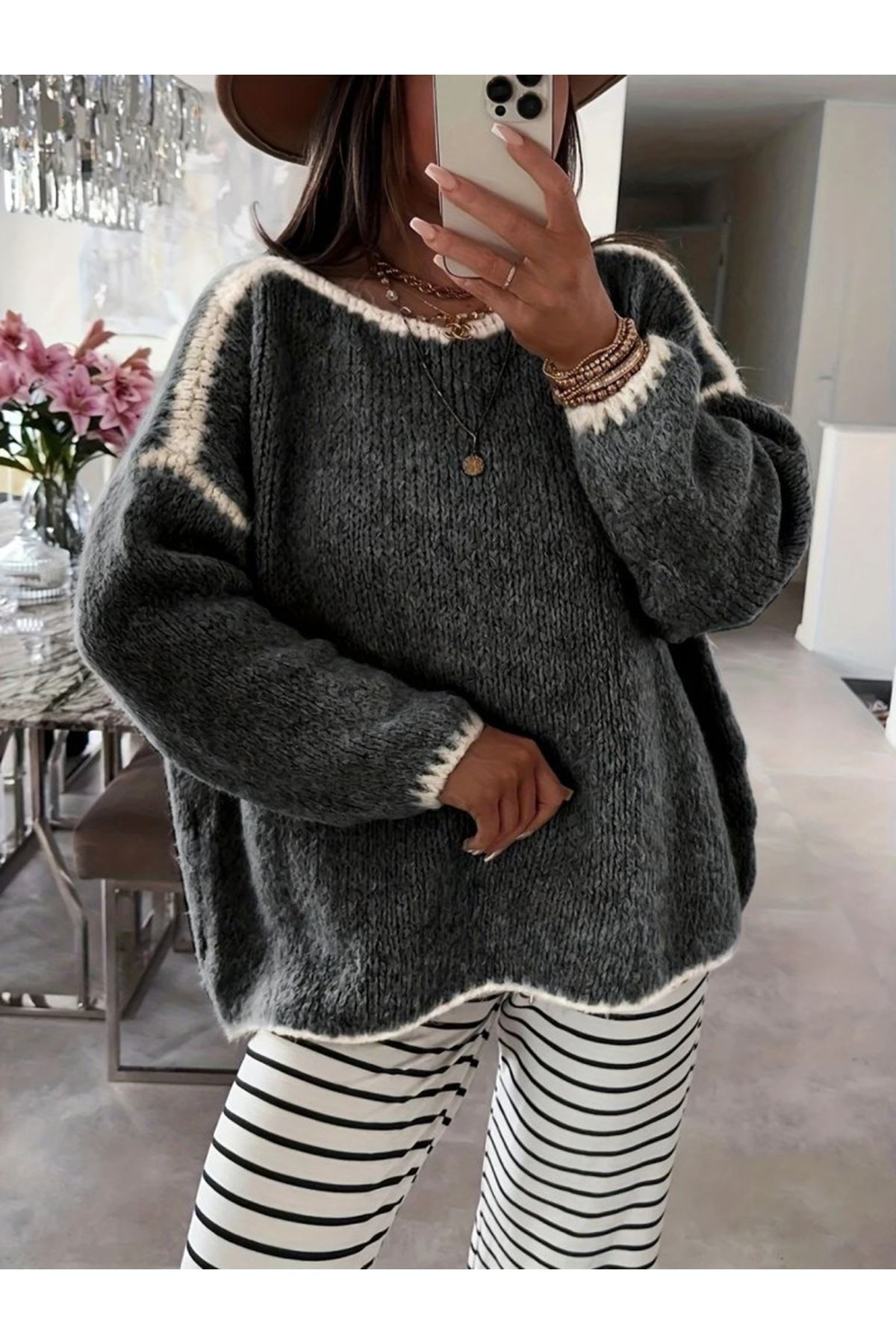 Kadın Uzun Kollu Kayık Yaka Triko Bluz