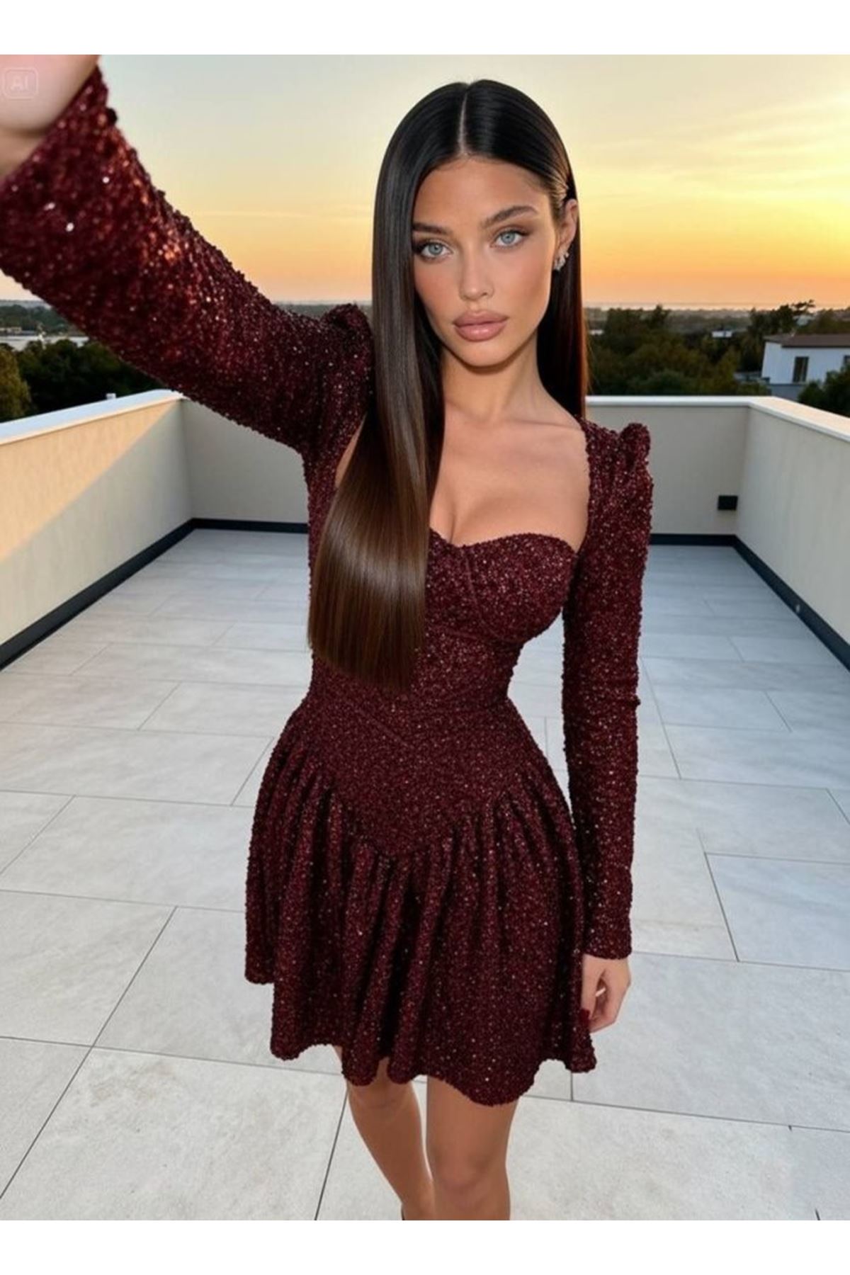 Kadın Uzun Kollu Armut Yaka Pul Payet Işlemeli Mini Gece Elbisesi