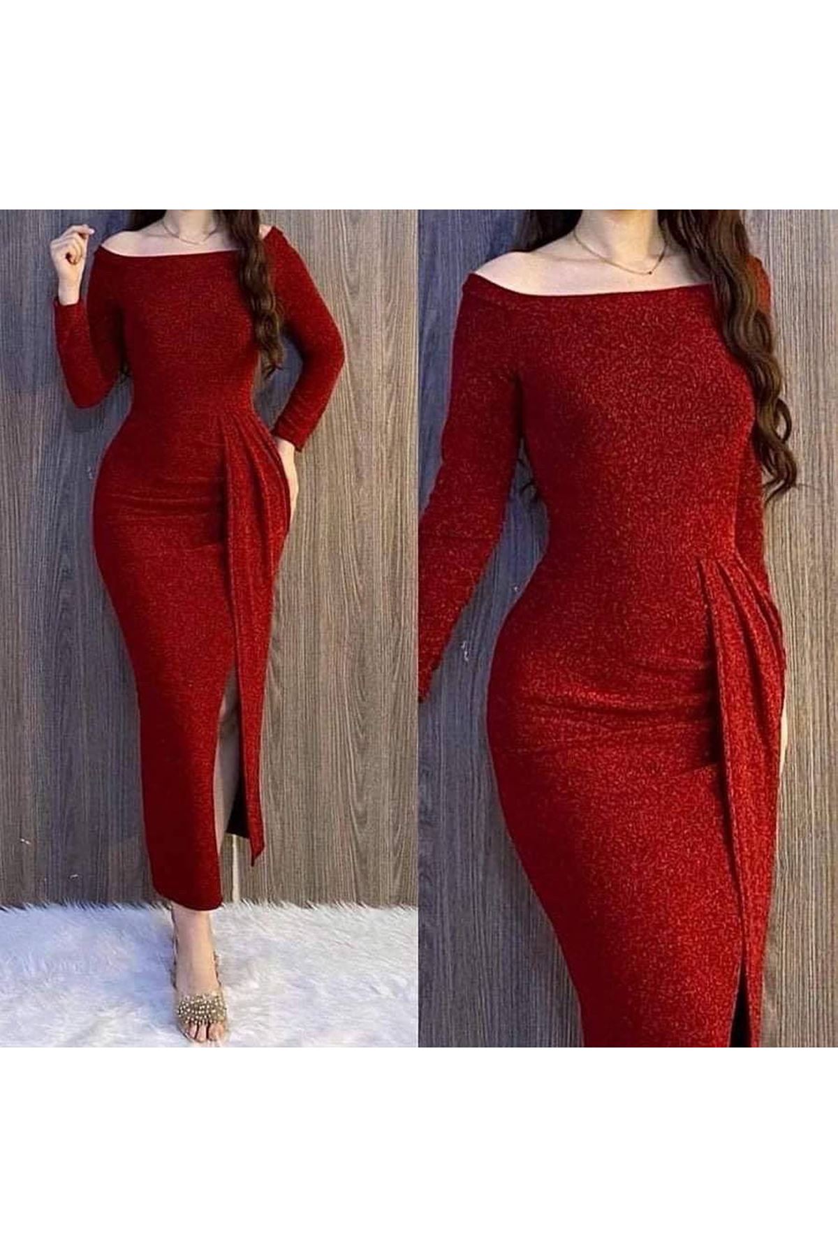 Kadın Uzun Kollu Kayık Yaka Büzgü Ve Maxi Boy Yırtmaç Detay Simli Kadife Kumaş Elbise