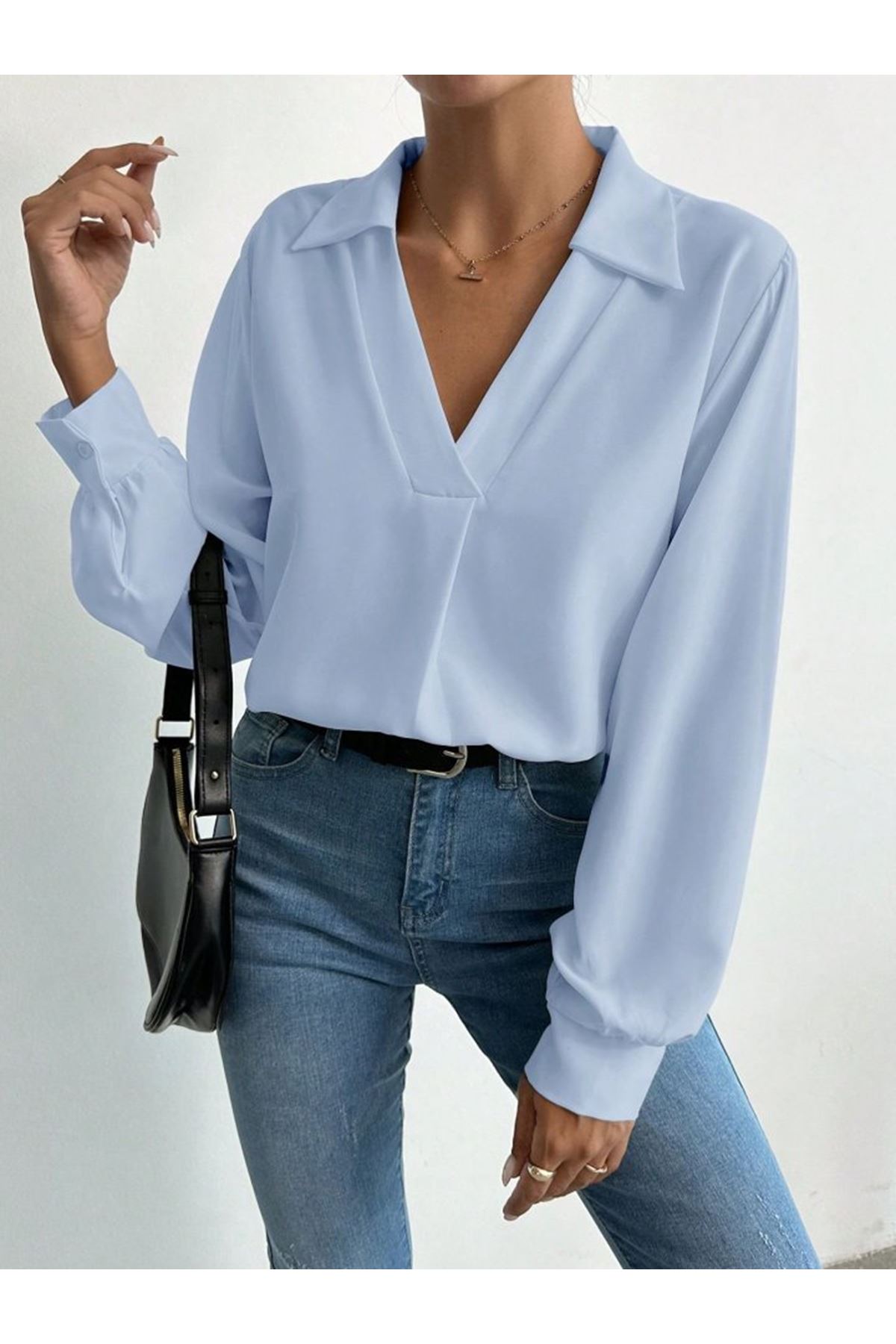 Kadın V Yaka Uzun Kollu Mosskrep Kumaş Bluz