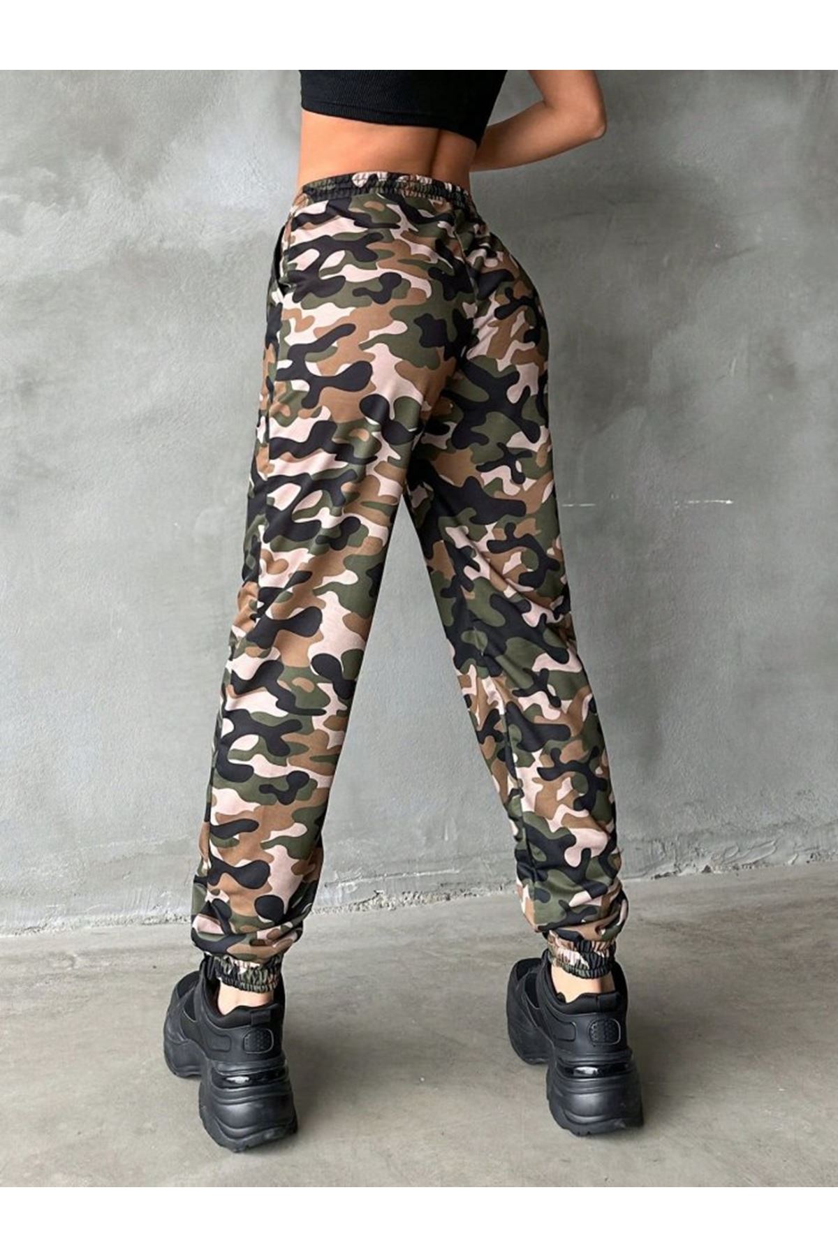 Kadın Yüksek Bel Kamuflaj Baskılı Bileği Lastik Detay İki İplik Pantolon