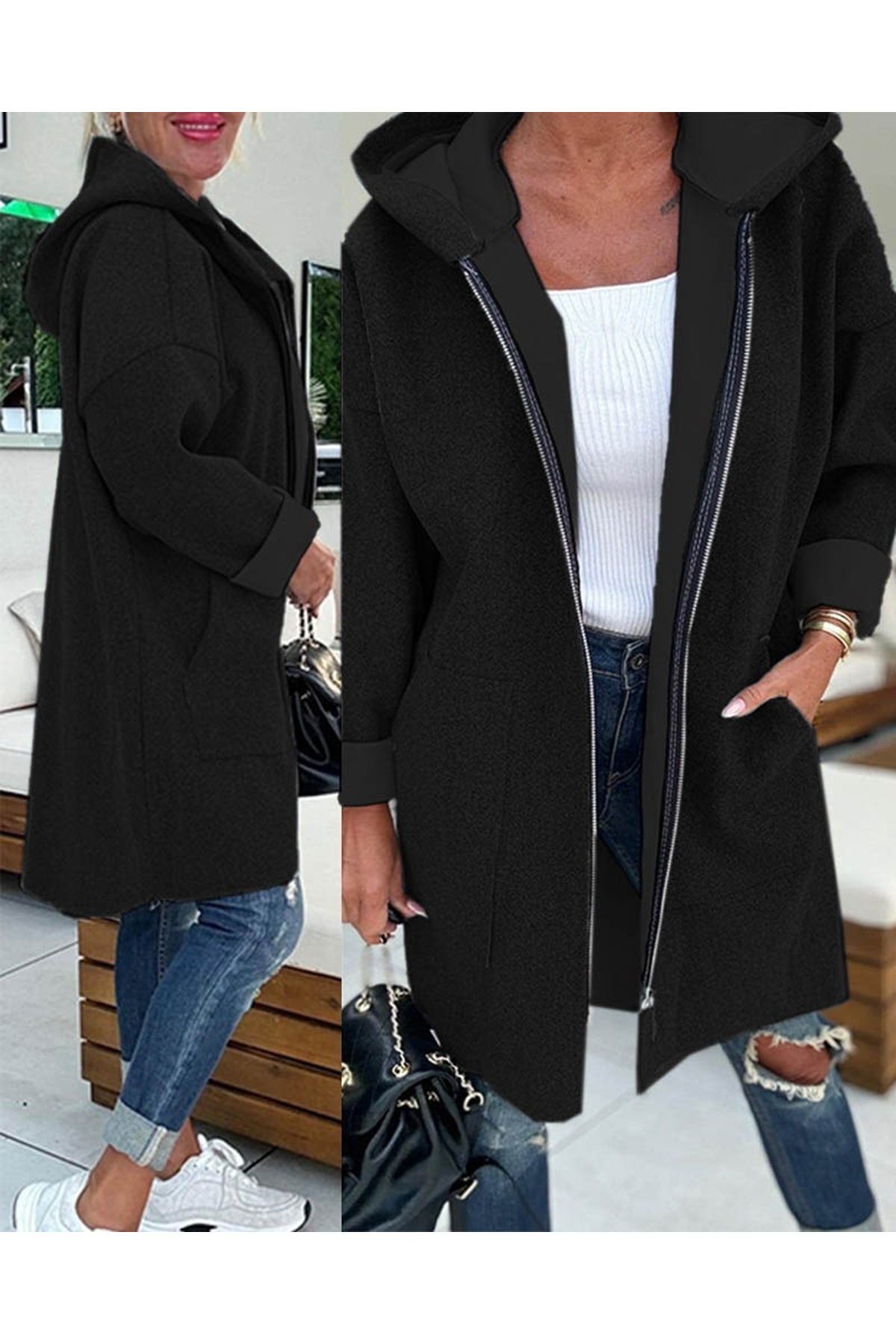 Kadın Uzun Kollu Kapşonlu Fermuar Detaylı Cepli Uzun üç Iplik Ceket