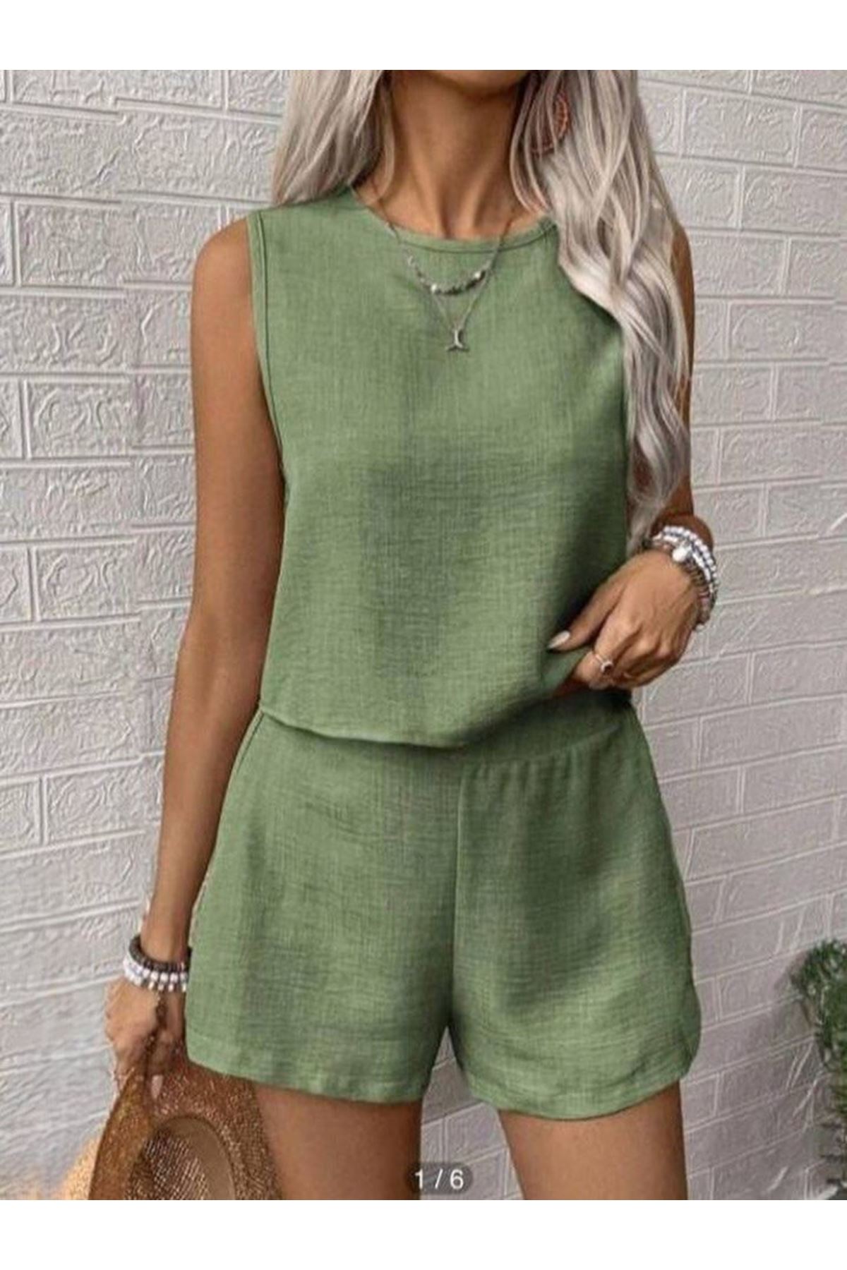 Kadın Keten Kumaş Bisiklet Yakakolsuz Bluz Ve Kısa şort Ikili Takım