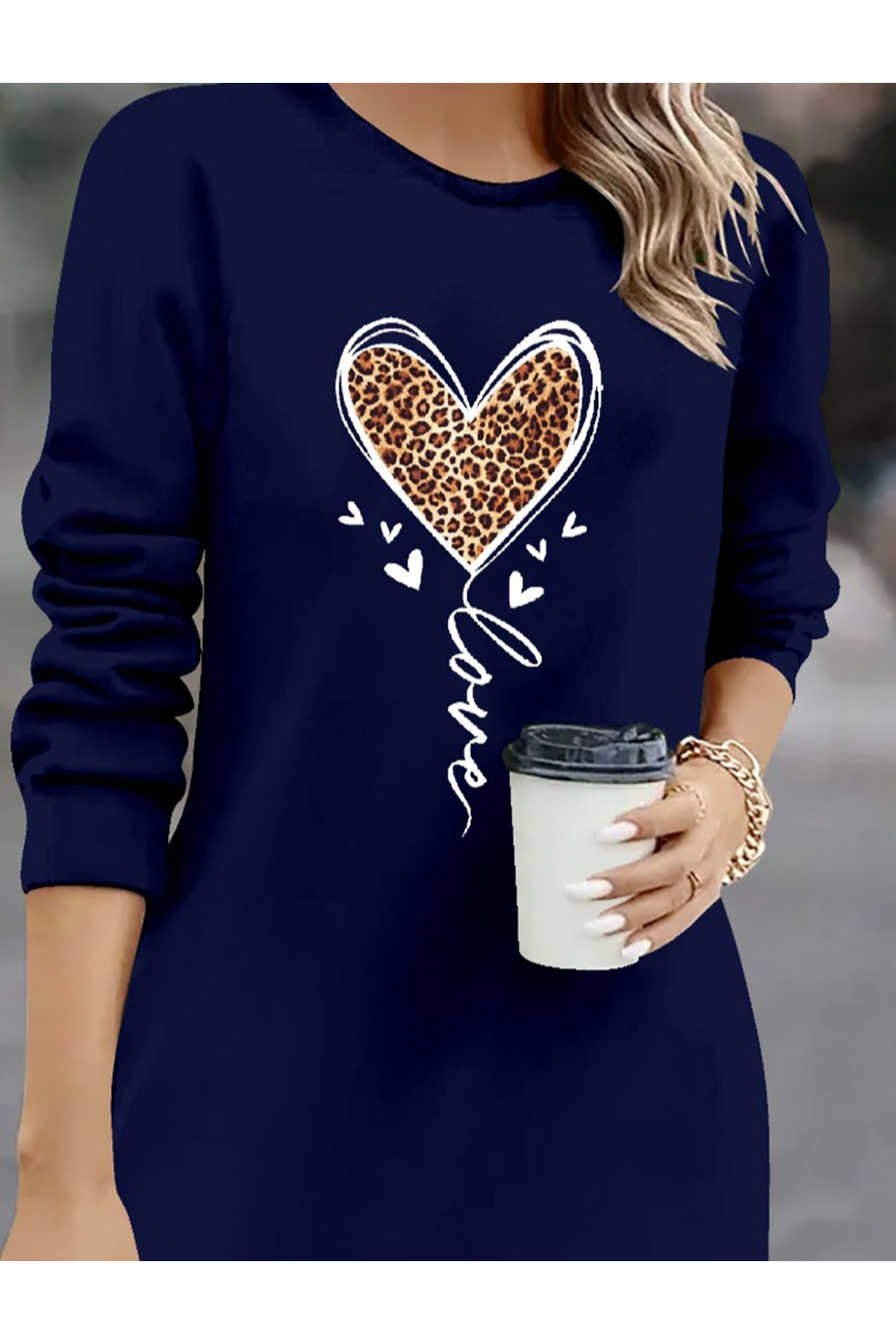 Kadın Uzun Kollu Bisiklet Yaka Kalp Desenli Kısa Viskon Elbise