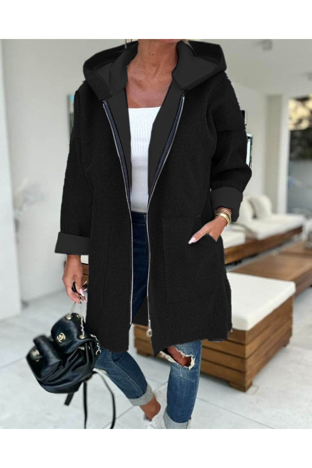 Kadın Uzun Kollu Kapşonlu Fermuar Detaylı Cepli Uzun üç Iplik Ceket