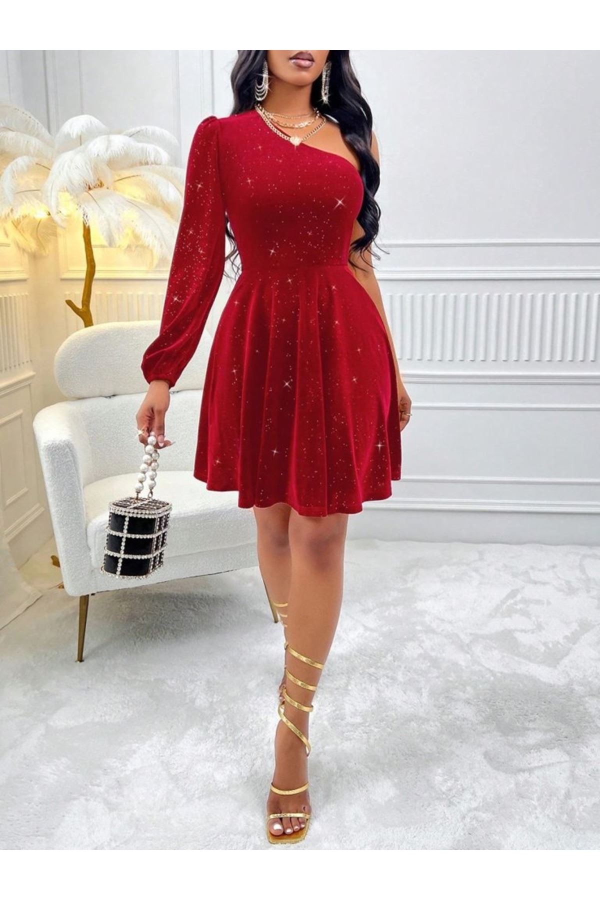 Kadın Tek Omuzdan Açık Uzun Kollu Taşlı Mini Elbise