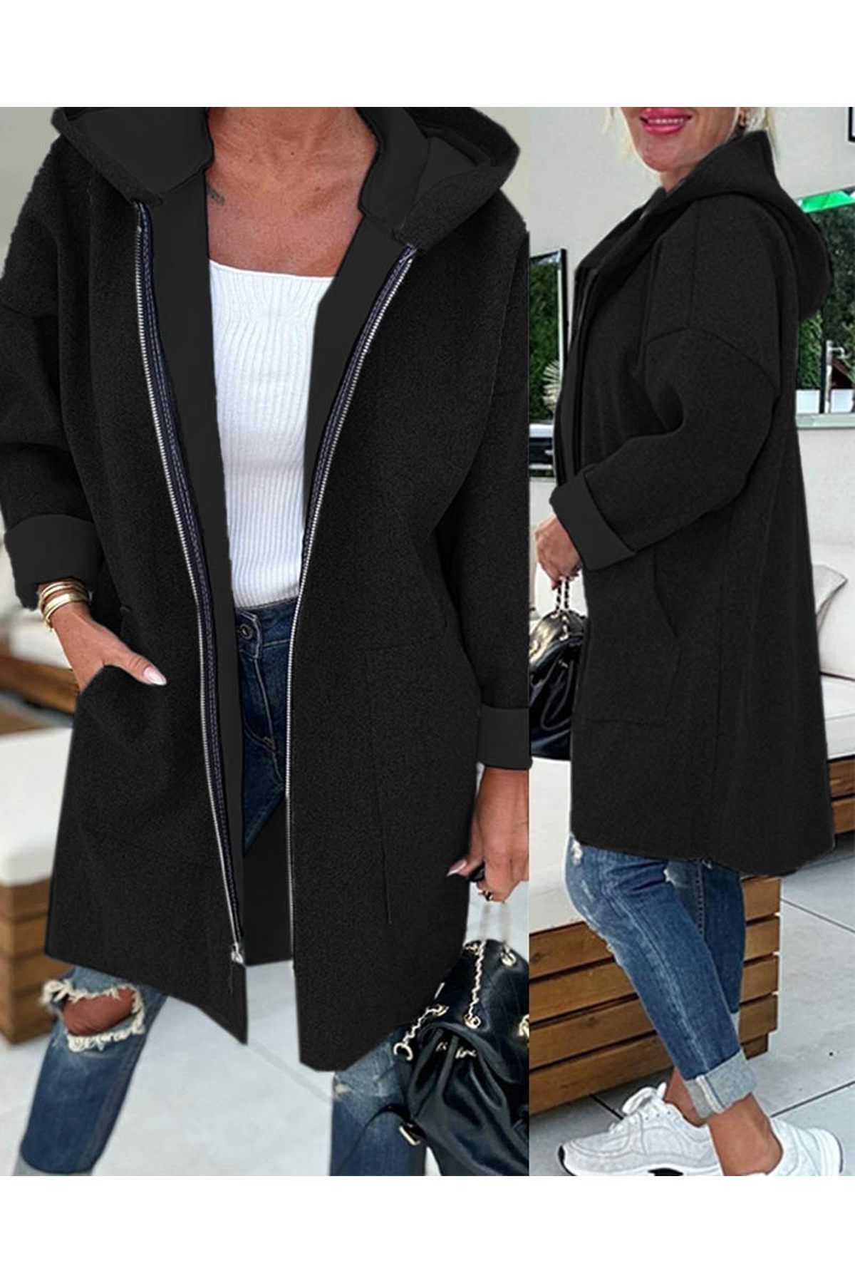 Kadın Uzun Kollu Kapşonlu Fermuar Detaylı Cepli Uzun üç Iplik Ceket
