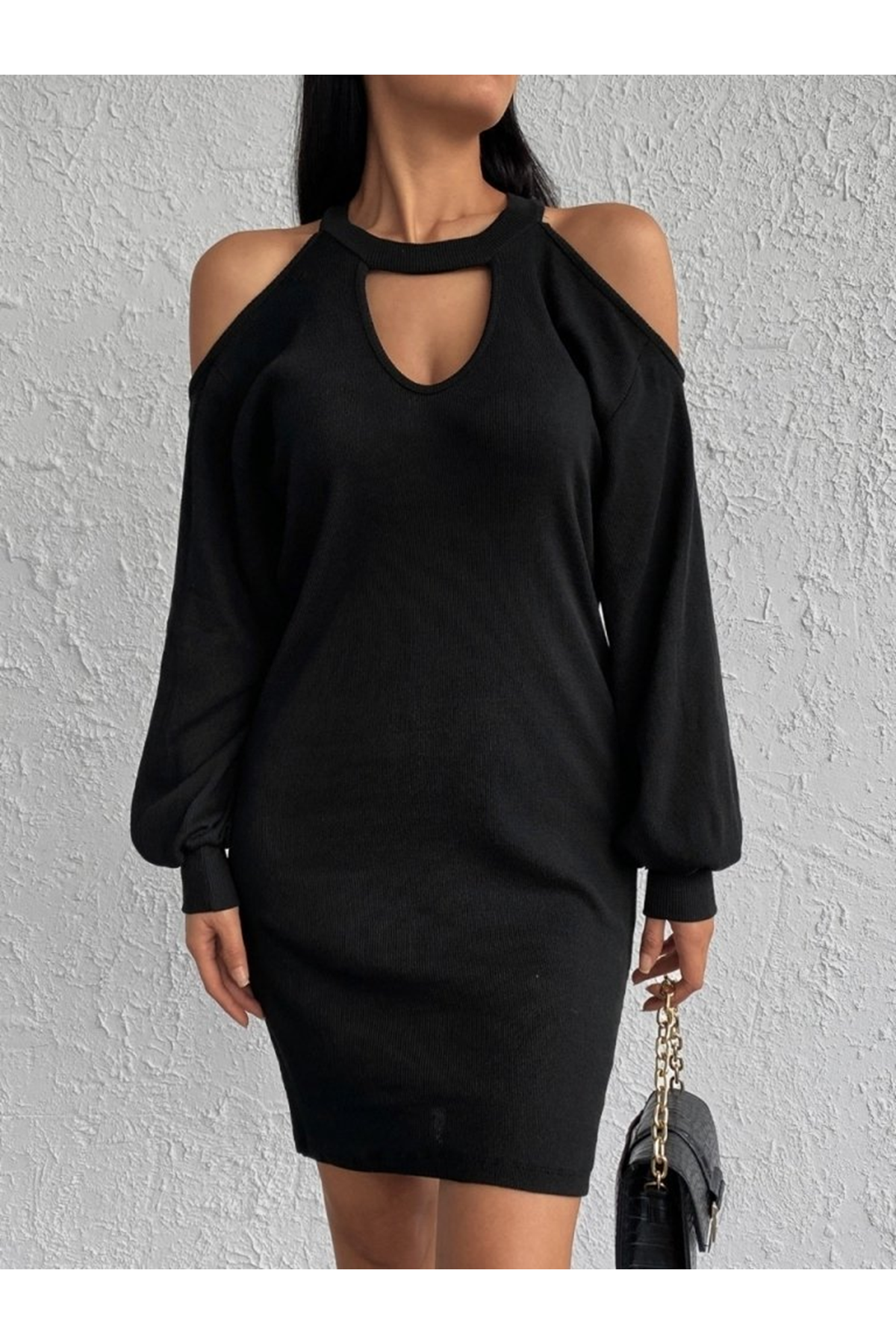 Kadın Uzun Kollu Omuzları Açık Boyundan şerit Detay Kaşkorse Elbise