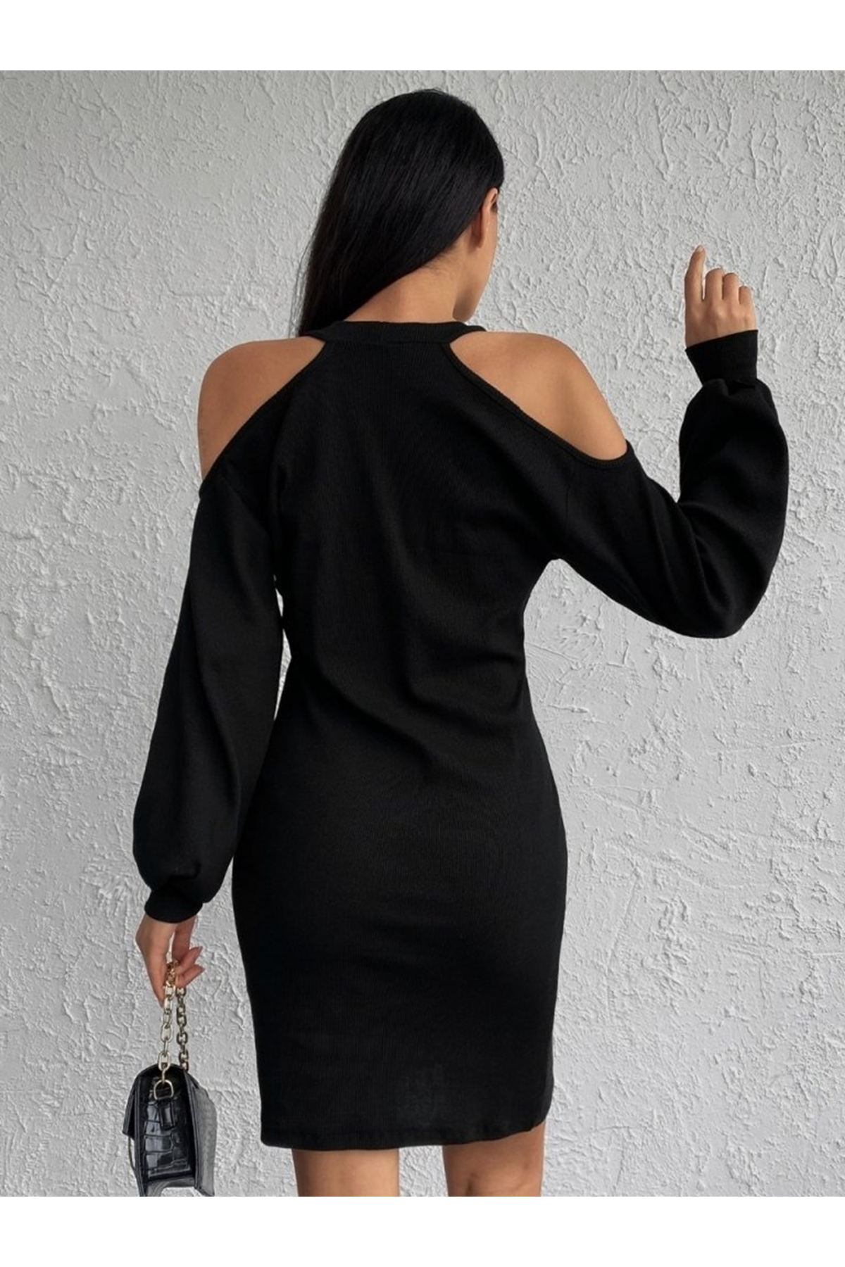 Kadın Uzun Kollu Omuzları Açık Boyundan şerit Detay Kaşkorse Elbise