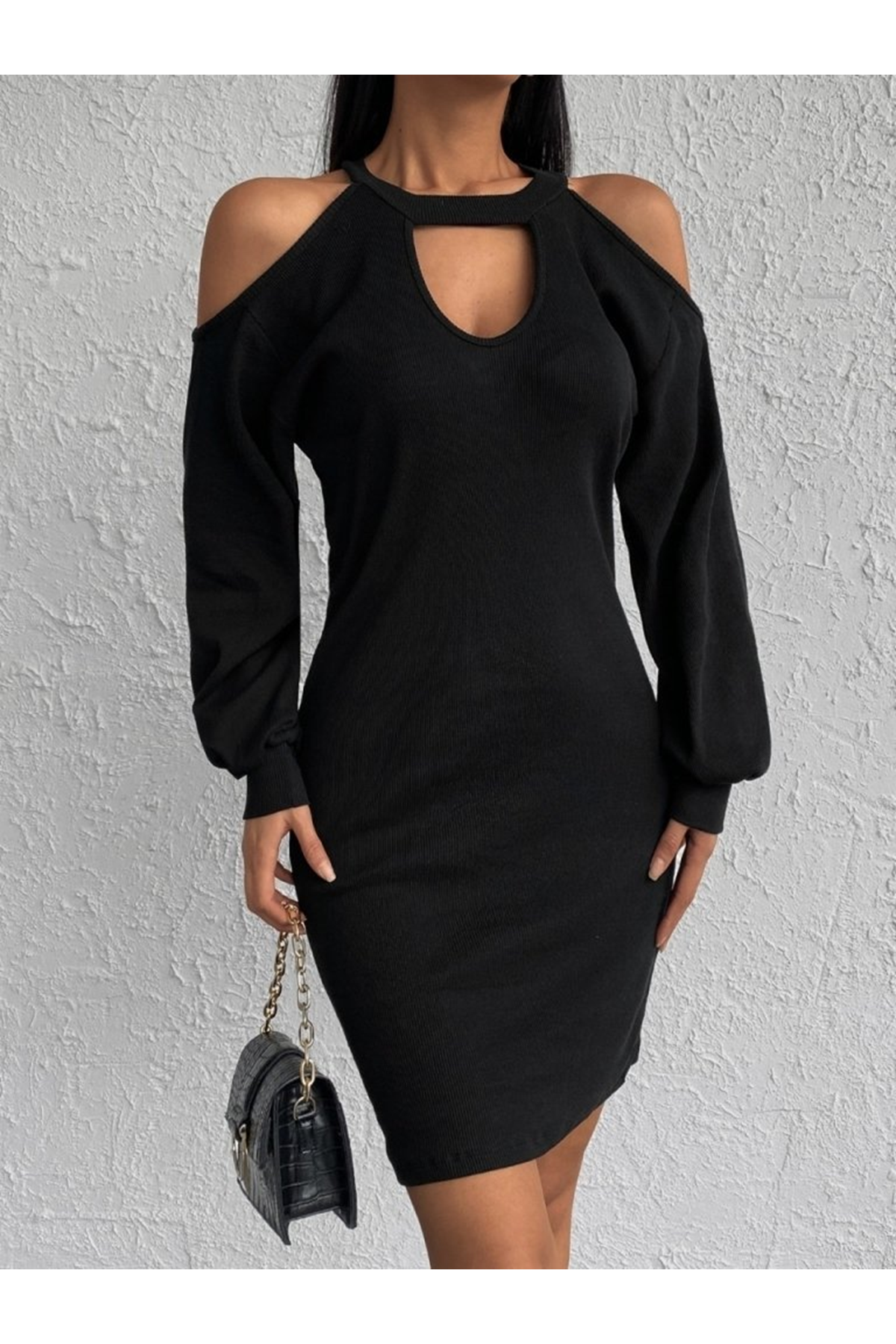 Kadın Uzun Kollu Omuzları Açık Boyundan şerit Detay Kaşkorse Elbise