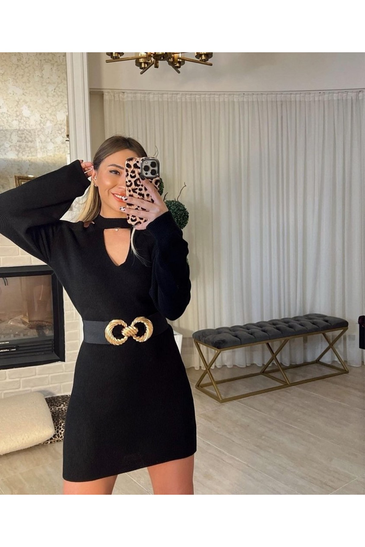 Kadın Uzun Kollu Omuzları Açık Boyundan şerit Detay Kaşkorse Elbise