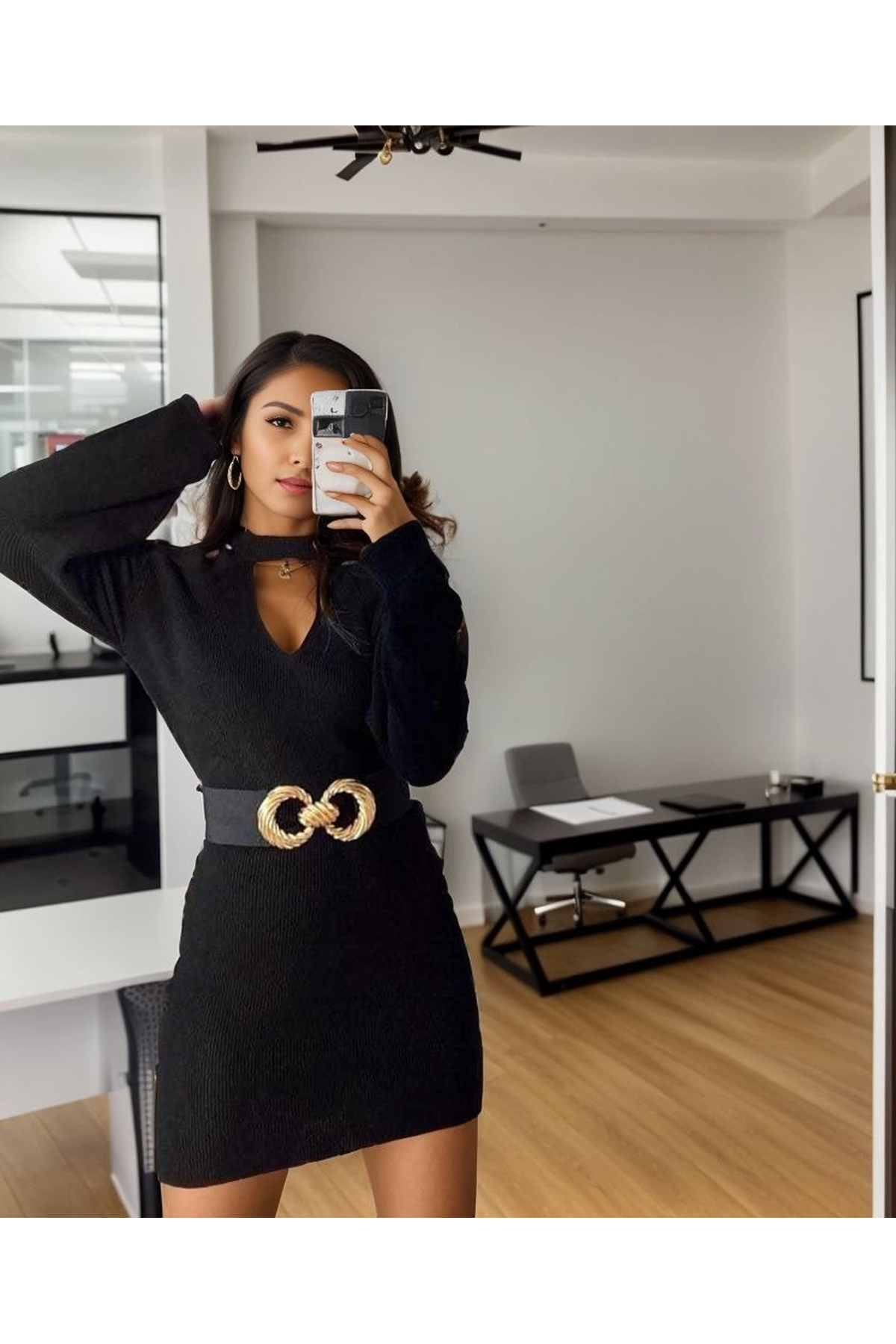 Kadın Uzun Kollu Omuzları Açık Boyundan şerit Detay Kaşkorse Elbise