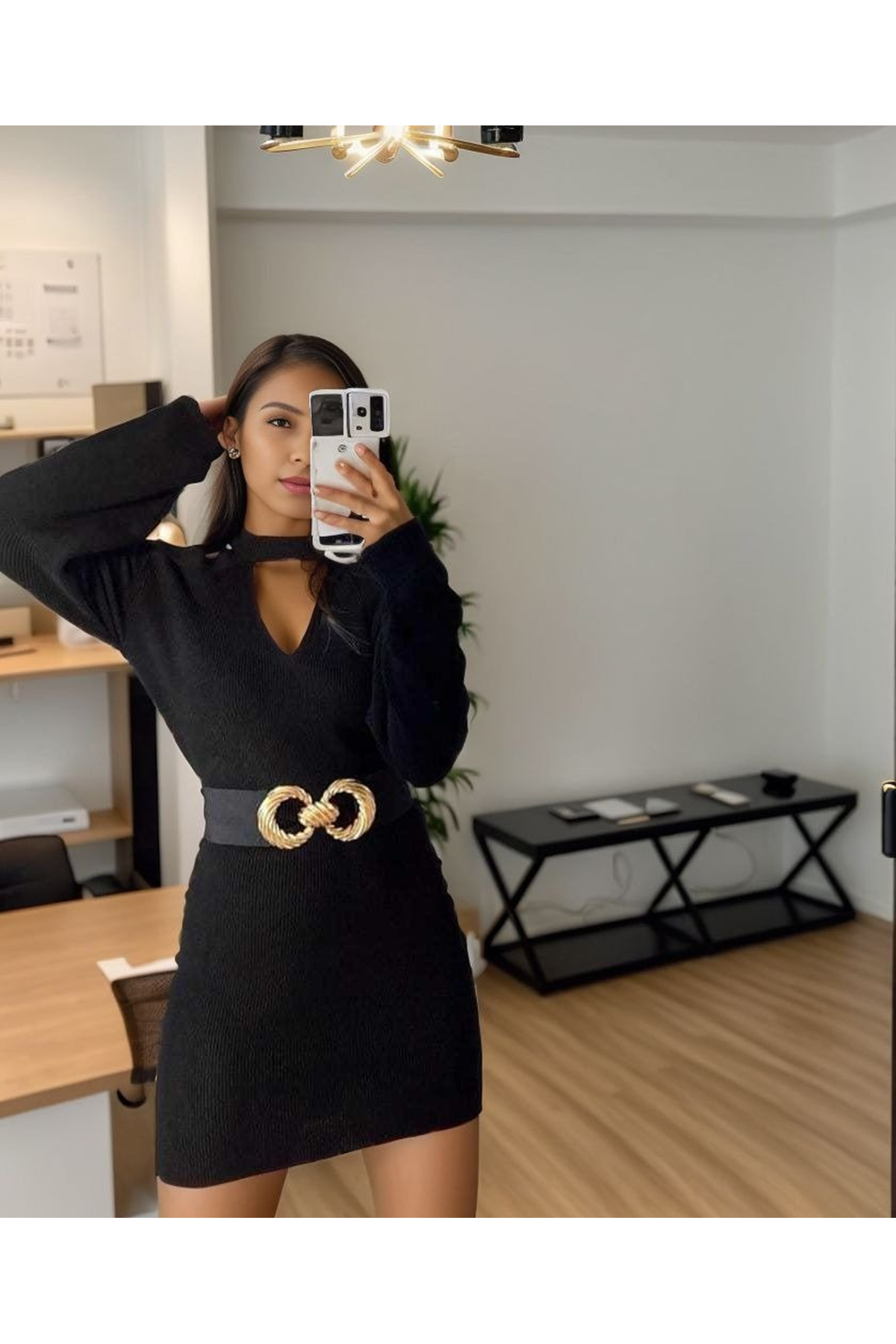 Kadın Uzun Kollu Omuzları Açık Boyundan şerit Detay Kaşkorse Elbise