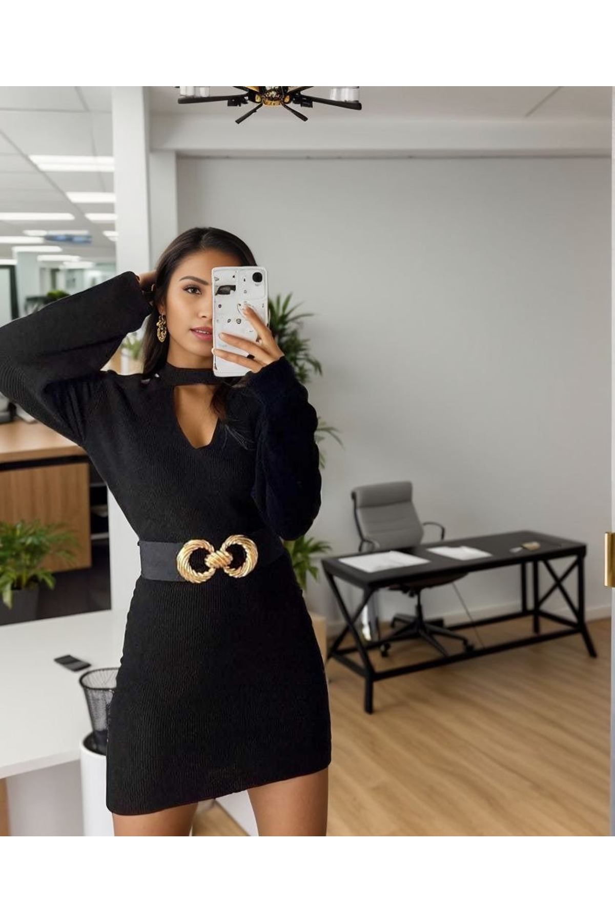 Kadın Uzun Kollu Omuzları Açık Boyundan şerit Detay Kaşkorse Elbise