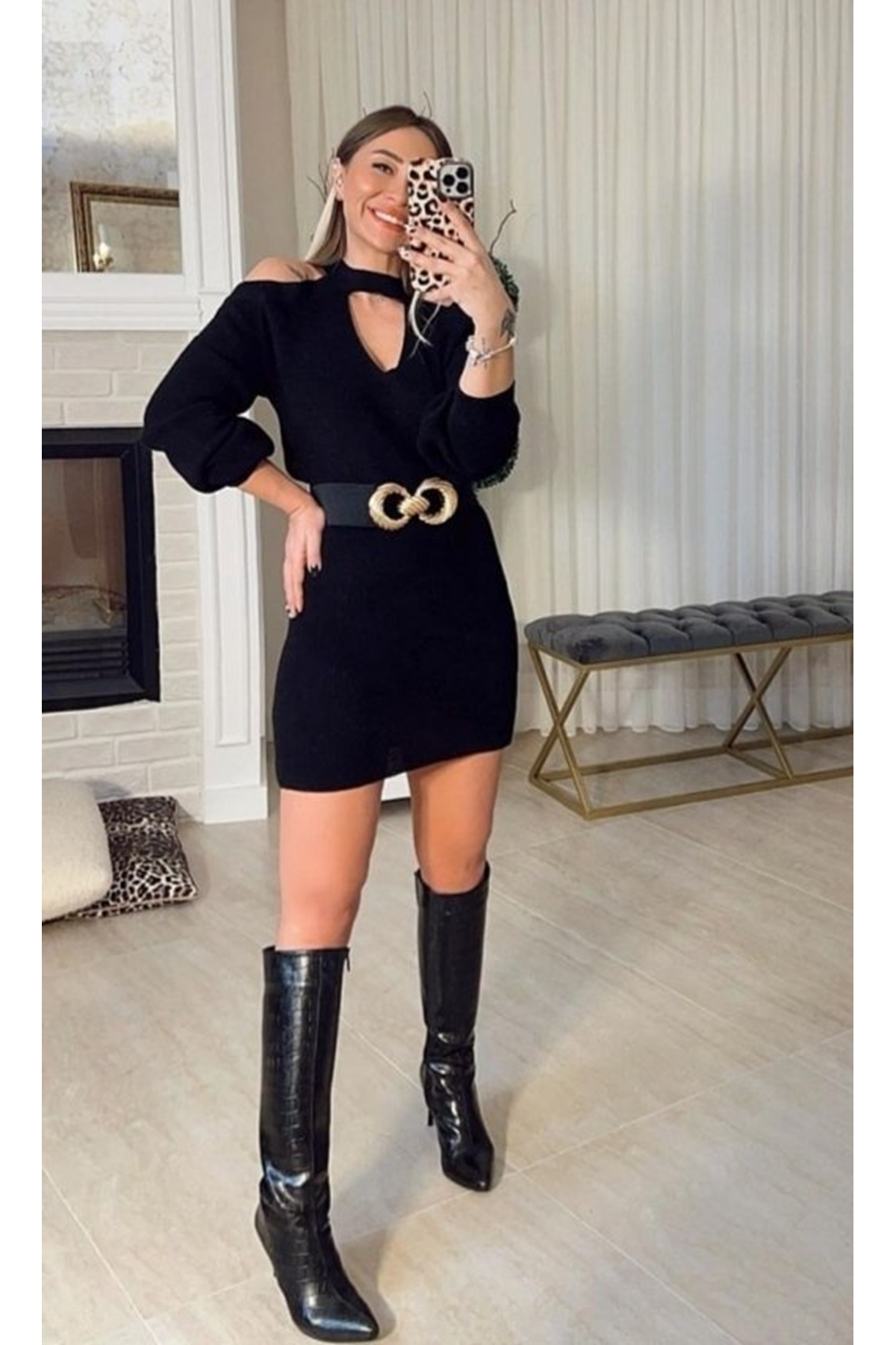 Kadın Uzun Kollu Omuzları Açık Boyundan şerit Detay Kaşkorse Elbise